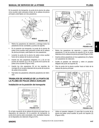 4-67
MANUAL DE SERVICIO DE LA RT890E PLUMA
4
Published 03-31-08, Control # 069-04
En la posición de transporte, la punta de la pluma de polea
única auxiliar está colocada al lado de la cabeza de pluma
principal y está fijada con dos pasadores.
• Retire los pasadores de retención y extraiga todos los
pasadores de las cavidades y puntos de soporte.
• En la posición de transporte, la punta de la pluma de
polea única auxiliar está colocada al lado de la cabeza
de pluma principal y está fijada con dos pasadores.
• Levante la punta de la pluma de polea única auxiliar
fuera de la cabeza de la pluma principal.
• Inserte los dos pasadores delgados (1) y (3) en los
puntos de soporte (2) y (4) en la punta de la pluma de
polea única auxiliar (Figura 4-90).
• Inserte los dos pasadores (5) en los soportes de
montaje (6) en la parte delantera de la punta de la pluma
de polea única auxiliar.
• Fije todos los pasadores utilizando pasadores de reten-
ción.
TRABAJOS DE APAREJO DE LA PUNTA DE
LA PLUMA DE POLEA ÚNICA AUXILIAR
Instalación en la posición de transporte
En el lado izquierdo de la cabeza de pluma principal hay un
dispositivo de retención. En la posición de transporte, la
punta de la pluma está conectada a las cavidades traseras
en el dispositivo de retención (Figura 4-91).
• Retire los pasadores de retención y saque ambos
pasadores (1) de los puntos de soporte (2) en la parte
delantera de la cabeza de pluma principal (Figura 4-92).
• Inserte ambos pasadores en los sujetadores (3) y fíjelos
con pasadores de retención.
• Suelte el pasador de retención y retire el pasador
delgado del punto de soporte (4).
• Gire la punta de la pluma auxiliar hacia el lado de la
cabeza de pluma principal.
• Utilice el pasador delgado (1) para fijar la punta de la
pluma de polea única auxiliar al punto de soporte (2)
(Figura 4-93).
FIGURA 4-90
6435-2
1
2
3
4
5
6
FIGURA 4-91
w2465a
1
1
2
3
4
w2725a
FIGURA 4-92
FIGURA 4-93
w2726a
1
2
 