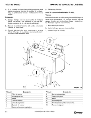 TREN DE MANDO MANUAL DE SERVICIO DE LA RT890E
7-8 Published 03-31-08, Control # 069-04
5. Si va a instalar un nuevo tanque de combustible, retire
los dos conectores, el emisor de cantidad de combusti-
ble y los peldaños del tanque e instálelos en el nuevo
tanque.
Instalación
1. Coloque el tanque nuevo en las escuadras de montaje e
instale los pernos y las arandelas de las dos tiras.
Apriete los pernos de 85 a 93 Nm (63 a 69 lb-pie).
2. Conecte el conductor eléctrico a la unidad emisora de
cantidad de combustible.
3. Conecte las dos líneas a los conectores en la parte
inferior del tanque de acuerdo con las marcas de identi-
ficación que hizo durante el retiro.
4. Dé servicio al tanque.
Filtro de combustible-separador de agua
Vaciado
El sumidero del filtro de combustible y separador de agua se
debe vaciar diariamente, 30 minutos después de que
apague el motor, para eliminar toda el agua y los sedimen-
tos. Realice el siguiente procedimiento.
1. Abra el tapón de vaciado.
2. Vacíe hasta que aparezca el combustible.
3. Cierre el tapón de vaciado.
5
8
9
3
2
1
4
7
6644 FIGURA 7-4
10
11
12
13
11
6
6
Artículo Descripción
1 Filtro de retorno
2 Indicador del filtro
3 Mirilla
4 Línea de retorno
5 Línea de aspiración
6 Cubierta de acceso
7 Cuello de llenado y respiradero
Artículo Descripción
8 Conjunto de peldaño
9 Tapón magnético
10 Perno
11 Arandela plana
12 Arandela de seguridad con resorte
13 Tuerca hexagonal
 