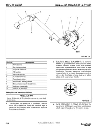 TREN DE MANDO MANUAL DE SERVICIO DE LA RT890E
7-10 Published 03-31-08, Control # 069-04
Reemplazo del elemento del filtro
1. Quite la placa de acceso de la plataforma, ubicada
detrás de los peldaños. Suelte los pestillos, abra el
cuerpo del filtro de aire y retire los elementos según se
describe a continuación:
a. SUELTE EL SELLO SUAVEMENTE. El elemento
del filtro se ajusta de manera apretada sobre el tubo
de salida, creando un sello crítico en el diámetro
interior de la tapa terminal del filtro. El filtro se debe
retirar suavemente para reducir la cantidad de polvo
desplazado. Encontrará resistencia inicial, similar a
romper el sello de un frasco. Mueva suavemente el
extremo del filtro hacia arriba y abajo y de lado a
lado o gírelo para romper el sello.
b. EVITE DESPLAZAR EL POLVO DEL FILTRO. Tire
suavemente del filtro para sacarlo del tubo de salida
y de la caja. Evite golpear el filtro contra la caja.
FIGURA 7-5
1
2
3
4
11
10
6
5
9
8
7
6640
Artículo Descripción
1 Filtro de aire
2 Banda de montaje
3 Capó de admisión
4 Abrazadera
5 Codo de caucho
6 Tubo de admisión
7 Tubo de admisión
8 Abrazadera amortiguadora
9 Escuadra de soporte de admisión
10 Indicador de servicio
11 Válvula de descarga
PRECAUCIÓN
Nunca dé servicio al filtro de aire mientras el motor está
funcionando.
FIGURA 7-6
 