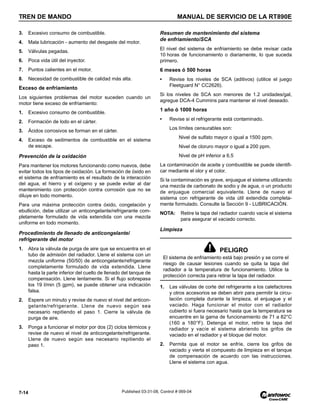 TREN DE MANDO MANUAL DE SERVICIO DE LA RT890E
7-14 Published 03-31-08, Control # 069-04
3. Excesivo consumo de combustible.
4. Mala lubricación - aumento del desgaste del motor.
5. Válvulas pegadas.
6. Poca vida útil del inyector.
7. Puntos calientes en el motor.
8. Necesidad de combustible de calidad más alta.
Exceso de enfriamiento
Los siguientes problemas del motor suceden cuando un
motor tiene exceso de enfriamiento:
1. Excesivo consumo de combustible.
2. Formación de lodo en el cárter.
3. Ácidos corrosivos se forman en el cárter.
4. Exceso de sedimentos de combustible en el sistema
de escape.
Prevención de la oxidación
Para mantener los motores funcionando como nuevos, debe
evitar todos los tipos de oxidación. La formación de óxido en
el sistema de enfriamiento es el resultado de la interacción
del agua, el hierro y el oxígeno y se puede evitar al dar
mantenimiento con protección contra corrosión que no se
diluye en todo momento.
Para una máxima protección contra óxido, congelación y
ebullición, debe utilizar un anticongelante/refrigerante com-
pletamente formulado de vida extendida con una mezcla
uniforme en todo momento.
Procedimiento de llenado de anticongelante/
refrigerante del motor
1. Abra la válvula de purga de aire que se encuentra en el
tubo de admisión del radiador. Llene el sistema con un
mezcla uniforme (50/50) de anticongelante/refrigerante
completamente formulado de vida extendida. Llene
hasta la parte inferior del cuello de llenado del tanque de
compensación. Llene lentamente. Si el flujo sobrepasa
los 19 l/min (5 gpm), se puede obtener una indicación
falsa.
2. Espere un minuto y revise de nuevo el nivel del anticon-
gelante/refrigerante. Llene de nuevo según sea
necesario repitiendo el paso 1. Cierre la válvula de
purga de aire.
3. Ponga a funcionar el motor por dos (2) ciclos térmicos y
revise de nuevo el nivel de anticongelante/refrigerante.
Llene de nuevo según sea necesario repitiendo el
paso 1.
Resumen de mantenimiento del sistema
de enfriamiento/SCA
El nivel del sistema de enfriamiento se debe revisar cada
10 horas de funcionamiento o diariamente, lo que suceda
primero.
6 meses ó 500 horas
• Revise los niveles de SCA (aditivos) (utilice el juego
Fleetguard N° CC2626).
Si los niveles de SCA son menores de 1.2 unidades/gal,
agregue DCA-4 Cummins para mantener el nivel deseado.
1 año ó 1000 horas
• Revise si el refrigerante está contaminado.
Los límites censurables son:
Nivel de sulfato mayor o igual a 1500 ppm.
Nivel de cloruro mayor o igual a 200 ppm.
Nivel de pH inferior a 6.5
La contaminación de aceite y combustible se puede identifi-
car mediante el olor y el color.
Si la contaminación es grave, enjuague el sistema utilizando
una mezcla de carbonato de sodio y de agua, o un producto
de enjuague comercial equivalente. Llene de nuevo el
sistema con refrigerante de vida útil extendida completa-
mente formulado. Consulte la Sección 9 - LUBRICACIÓN.
NOTA: Retire la tapa del radiador cuando vacíe el sistema
para asegurar el vaciado correcto.
Limpieza
1. Las válvulas de corte del refrigerante a los calefactores
y otros accesorios se deben abrir para permitir la circu-
lación completa durante la limpieza, el enjuague y el
vaciado. Haga funcionar el motor con el radiador
cubierto si fuera necesario hasta que la temperatura se
encuentre en la gama de funcionamiento de 71 a 82°C
(160 a 180°F). Detenga el motor, retire la tapa del
radiador y vacíe el sistema abriendo los grifos de
vaciado en el radiador y el bloque del motor.
2. Permita que el motor se enfríe, cierre los grifos de
vaciado y vierta el compuesto de limpieza en el tanque
de compensación de acuerdo con las instrucciones.
Llene el sistema con agua.
PELIGRO
El sistema de enfriamiento está bajo presión y se corre el
riesgo de causar lesiones cuando se quita la tapa del
radiador a la temperatura de funcionamiento. Utilice la
protección correcta para retirar la tapa del radiador.
 