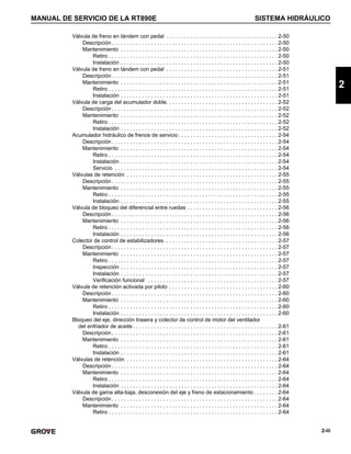 MANUAL DE SERVICIO DE LA RT890E SISTEMA HIDRÁULICO
2-iii
2
Válvula de freno en tándem con pedal . . . . . . . . . . . . . . . . . . . . . . . . . . . . . . . . . . . . . 2-50
Descripción . . . . . . . . . . . . . . . . . . . . . . . . . . . . . . . . . . . . . . . . . . . . . . . . . . . . . . . 2-50
Mantenimiento . . . . . . . . . . . . . . . . . . . . . . . . . . . . . . . . . . . . . . . . . . . . . . . . . . . . 2-50
Retiro . . . . . . . . . . . . . . . . . . . . . . . . . . . . . . . . . . . . . . . . . . . . . . . . . . . . . . . . 2-50
Instalación . . . . . . . . . . . . . . . . . . . . . . . . . . . . . . . . . . . . . . . . . . . . . . . . . . . . 2-50
Válvula de freno en tándem con pedal . . . . . . . . . . . . . . . . . . . . . . . . . . . . . . . . . . . . . 2-51
Descripción . . . . . . . . . . . . . . . . . . . . . . . . . . . . . . . . . . . . . . . . . . . . . . . . . . . . . . . 2-51
Mantenimiento . . . . . . . . . . . . . . . . . . . . . . . . . . . . . . . . . . . . . . . . . . . . . . . . . . . . 2-51
Retiro . . . . . . . . . . . . . . . . . . . . . . . . . . . . . . . . . . . . . . . . . . . . . . . . . . . . . . . . 2-51
Instalación . . . . . . . . . . . . . . . . . . . . . . . . . . . . . . . . . . . . . . . . . . . . . . . . . . . . 2-51
Válvula de carga del acumulador doble. . . . . . . . . . . . . . . . . . . . . . . . . . . . . . . . . . . . . 2-52
Descripción . . . . . . . . . . . . . . . . . . . . . . . . . . . . . . . . . . . . . . . . . . . . . . . . . . . . . . . 2-52
Mantenimiento . . . . . . . . . . . . . . . . . . . . . . . . . . . . . . . . . . . . . . . . . . . . . . . . . . . . 2-52
Retiro . . . . . . . . . . . . . . . . . . . . . . . . . . . . . . . . . . . . . . . . . . . . . . . . . . . . . . . . 2-52
Instalación . . . . . . . . . . . . . . . . . . . . . . . . . . . . . . . . . . . . . . . . . . . . . . . . . . . . 2-52
Acumulador hidráulico de frenos de servicio. . . . . . . . . . . . . . . . . . . . . . . . . . . . . . . . . 2-54
Descripción . . . . . . . . . . . . . . . . . . . . . . . . . . . . . . . . . . . . . . . . . . . . . . . . . . . . . . . 2-54
Mantenimiento . . . . . . . . . . . . . . . . . . . . . . . . . . . . . . . . . . . . . . . . . . . . . . . . . . . . 2-54
Retiro . . . . . . . . . . . . . . . . . . . . . . . . . . . . . . . . . . . . . . . . . . . . . . . . . . . . . . . . 2-54
Instalación . . . . . . . . . . . . . . . . . . . . . . . . . . . . . . . . . . . . . . . . . . . . . . . . . . . . 2-54
Servicio . . . . . . . . . . . . . . . . . . . . . . . . . . . . . . . . . . . . . . . . . . . . . . . . . . . . . . 2-54
Válvulas de retención . . . . . . . . . . . . . . . . . . . . . . . . . . . . . . . . . . . . . . . . . . . . . . . . . . 2-55
Descripción . . . . . . . . . . . . . . . . . . . . . . . . . . . . . . . . . . . . . . . . . . . . . . . . . . . . . . . 2-55
Mantenimiento . . . . . . . . . . . . . . . . . . . . . . . . . . . . . . . . . . . . . . . . . . . . . . . . . . . . 2-55
Retiro . . . . . . . . . . . . . . . . . . . . . . . . . . . . . . . . . . . . . . . . . . . . . . . . . . . . . . . . 2-55
Instalación . . . . . . . . . . . . . . . . . . . . . . . . . . . . . . . . . . . . . . . . . . . . . . . . . . . . 2-55
Válvula de bloqueo del diferencial entre ruedas . . . . . . . . . . . . . . . . . . . . . . . . . . . . . . 2-56
Descripción . . . . . . . . . . . . . . . . . . . . . . . . . . . . . . . . . . . . . . . . . . . . . . . . . . . . . . . 2-56
Mantenimiento . . . . . . . . . . . . . . . . . . . . . . . . . . . . . . . . . . . . . . . . . . . . . . . . . . . . 2-56
Retiro . . . . . . . . . . . . . . . . . . . . . . . . . . . . . . . . . . . . . . . . . . . . . . . . . . . . . . . . 2-56
Instalación . . . . . . . . . . . . . . . . . . . . . . . . . . . . . . . . . . . . . . . . . . . . . . . . . . . . 2-56
Colector de control de estabilizadores. . . . . . . . . . . . . . . . . . . . . . . . . . . . . . . . . . . . . . 2-57
Descripción . . . . . . . . . . . . . . . . . . . . . . . . . . . . . . . . . . . . . . . . . . . . . . . . . . . . . . . 2-57
Mantenimiento . . . . . . . . . . . . . . . . . . . . . . . . . . . . . . . . . . . . . . . . . . . . . . . . . . . . 2-57
Retiro . . . . . . . . . . . . . . . . . . . . . . . . . . . . . . . . . . . . . . . . . . . . . . . . . . . . . . . . 2-57
Inspección . . . . . . . . . . . . . . . . . . . . . . . . . . . . . . . . . . . . . . . . . . . . . . . . . . . . 2-57
Instalación . . . . . . . . . . . . . . . . . . . . . . . . . . . . . . . . . . . . . . . . . . . . . . . . . . . . 2-57
Verificación funcional . . . . . . . . . . . . . . . . . . . . . . . . . . . . . . . . . . . . . . . . . . . 2-57
Válvula de retención activada por piloto . . . . . . . . . . . . . . . . . . . . . . . . . . . . . . . . . . . . 2-60
Descripción . . . . . . . . . . . . . . . . . . . . . . . . . . . . . . . . . . . . . . . . . . . . . . . . . . . . . . . 2-60
Mantenimiento . . . . . . . . . . . . . . . . . . . . . . . . . . . . . . . . . . . . . . . . . . . . . . . . . . . . 2-60
Retiro . . . . . . . . . . . . . . . . . . . . . . . . . . . . . . . . . . . . . . . . . . . . . . . . . . . . . . . . 2-60
Instalación . . . . . . . . . . . . . . . . . . . . . . . . . . . . . . . . . . . . . . . . . . . . . . . . . . . . 2-60
Bloqueo del eje, dirección trasera y colector de control de motor del ventilador
del enfriador de aceite . . . . . . . . . . . . . . . . . . . . . . . . . . . . . . . . . . . . . . . . . . . . . . . . 2-61
Descripción . . . . . . . . . . . . . . . . . . . . . . . . . . . . . . . . . . . . . . . . . . . . . . . . . . . . . . . 2-61
Mantenimiento . . . . . . . . . . . . . . . . . . . . . . . . . . . . . . . . . . . . . . . . . . . . . . . . . . . . 2-61
Retiro . . . . . . . . . . . . . . . . . . . . . . . . . . . . . . . . . . . . . . . . . . . . . . . . . . . . . . . . 2-61
Instalación . . . . . . . . . . . . . . . . . . . . . . . . . . . . . . . . . . . . . . . . . . . . . . . . . . . . 2-61
Válvulas de retención . . . . . . . . . . . . . . . . . . . . . . . . . . . . . . . . . . . . . . . . . . . . . . . . . . 2-64
Descripción . . . . . . . . . . . . . . . . . . . . . . . . . . . . . . . . . . . . . . . . . . . . . . . . . . . . . . . 2-64
Mantenimiento . . . . . . . . . . . . . . . . . . . . . . . . . . . . . . . . . . . . . . . . . . . . . . . . . . . . 2-64
Retiro . . . . . . . . . . . . . . . . . . . . . . . . . . . . . . . . . . . . . . . . . . . . . . . . . . . . . . . . 2-64
Instalación . . . . . . . . . . . . . . . . . . . . . . . . . . . . . . . . . . . . . . . . . . . . . . . . . . . . 2-64
Válvula de gama alta-baja, desconexión del eje y freno de estacionamiento . . . . . . . . 2-64
Descripción . . . . . . . . . . . . . . . . . . . . . . . . . . . . . . . . . . . . . . . . . . . . . . . . . . . . . . . 2-64
Mantenimiento . . . . . . . . . . . . . . . . . . . . . . . . . . . . . . . . . . . . . . . . . . . . . . . . . . . . 2-64
Retiro . . . . . . . . . . . . . . . . . . . . . . . . . . . . . . . . . . . . . . . . . . . . . . . . . . . . . . . . 2-64
 