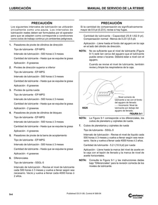 LUBRICACIÓN MANUAL DE SERVICIO DE LA RT890E
9-4 Published 03-31-08, Control # 069-04
1. Pasadores de pivote de cilindros de dirección
Tipo de lubricante - EP-MPG
Intervalo de lubricación - 500 horas ó 3 meses
Cantidad de lubricante - Hasta que se expulse la grasa
Aplicación - 8 graseras
2. Pivotes de dirección superior e inferior
Tipo de lubricante - EP-MPG
Intervalo de lubricación - 500 horas ó 3 meses
Cantidad de lubricante - Hasta que se expulse la grasa
Aplicación - 8 graseras
3. Pivotes de quinta rueda
Tipo de lubricante - EP-MPG
Intervalo de lubricación - 500 horas ó 3 meses
Cantidad de lubricante - Hasta que se expulse la grasa
Aplicación - 2 graseras
4. Pasadores de pivote de cilindros de bloqueo
Tipo de lubricante - EP-MPG
Intervalo de lubricación - 500 horas ó 3 meses
Cantidad de lubricante - Hasta que se expulse la grasa
Aplicación - 4 graseras
5. Pasadores de pivote de la barra de acoplamiento
Tipo de lubricante - EP-MPG
Intervalo de lubricación - 500 horas ó 3 meses
Cantidad de lubricante - Hasta que se expulse la grasa
Aplicación - 4 graseras
6. Diferenciales
Tipo de lubricante - SSGL-5
Intervalo de lubricación - Revise el nivel de lubricante
cada 500 horas ó 3 meses y vuelva a llenar según sea
necesario. Vacíe y vuelva a llenar cada 4000 horas ó
2 años.
Cantidad de lubricante - Capacidad 29.8 l (62.9 pt).
Compensación normal - Menos de 0.23 l (0.5 pt)
Aplicación - Llene hasta el fondo del agujero en la caja
en el lado del cilindro de dirección.
NOTA: No es suficiente que el nivel de lubricante (Figura
9-1) esté tan cerca del agujero que el lubricante
pueda verse o tocarse. Deberá estar a nivel con el
agujero.
Cuando se revise el nivel de lubricante, también
revise y limpie los respiraderos de la caja.
NOTA: La Figura 9-1 corresponde a los diferenciales, los
cubos de planetario y cojinetes de rueda.
7. Cubos de planetarios y cojinetes de rueda
Tipo de lubricante - SSGL-5
Intervalo de lubricación - Revise el nivel de líquido cada
500 horas ó 3 meses y vuelva a llenar según sea nece-
sario. Vacíe y vuelva a llenar cada 4000 horas ó 2 años.
Cantidad de lubricante - 5.2 l (10.9 pt) por rueda
Aplicación - Llene hasta la marca del nivel de aceite en
la caja con el tapón de llenado y la marca de nivel de
aceite horizontales.
NOTA: Consulte la Figura 9-1 y las instrucciones dadas
bajo “Diferenciales” para la revisión correcta de los
niveles de lubricante.
PRECAUCIÓN
Los siguientes intervalos de lubricación se utilizarán
únicamente como una pauta. Los intervalos de
lubricación reales deben ser formulados por el operador
para que se adapten como corresponde a condiciones
como ciclos de trabajo continuo y/o ambientes peligrosos.
PRECAUCIÓN
Si la cantidad de compensación es significativamente
mayor de 0.5 pt (0.23 l), revise si hay fugas.
___Nivel correcto de
lubricante a ras con el fondo
del agujero de llenado
- - - Incorrecto: Nivel de
lubricante por debajo del
agujero de llenado.
FIGURA 9-1
6626
 