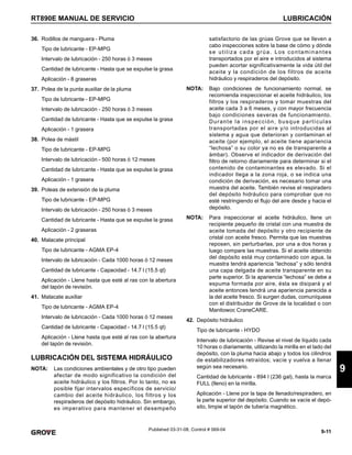 9-11
RT890E MANUAL DE SERVICIO LUBRICACIÓN
9
Published 03-31-08, Control # 069-04
36. Rodillos de manguera - Pluma
Tipo de lubricante - EP-MPG
Intervalo de lubricación - 250 horas ó 3 meses
Cantidad de lubricante - Hasta que se expulse la grasa
Aplicación - 8 graseras
37. Polea de la punta auxiliar de la pluma
Tipo de lubricante - EP-MPG
Intervalo de lubricación - 250 horas ó 3 meses
Cantidad de lubricante - Hasta que se expulse la grasa
Aplicación - 1 grasera
38. Polea de mástil
Tipo de lubricante - EP-MPG
Intervalo de lubricación - 500 horas ó 12 meses
Cantidad de lubricante - Hasta que se expulse la grasa
Aplicación - 1 grasera
39. Poleas de extensión de la pluma
Tipo de lubricante - EP-MPG
Intervalo de lubricación - 250 horas ó 3 meses
Cantidad de lubricante - Hasta que se expulse la grasa
Aplicación - 2 graseras
40. Malacate principal
Tipo de lubricante - AGMA EP-4
Intervalo de lubricación - Cada 1000 horas ó 12 meses
Cantidad de lubricante - Capacidad - 14.7 l (15.5 qt)
Aplicación - Llene hasta que esté al ras con la abertura
del tapón de revisión.
41. Malacate auxiliar
Tipo de lubricante - AGMA EP-4
Intervalo de lubricación - Cada 1000 horas ó 12 meses
Cantidad de lubricante - Capacidad - 14.7 l (15.5 qt)
Aplicación - Llene hasta que esté al ras con la abertura
del tapón de revisión.
LUBRICACIÓN DEL SISTEMA HIDRÁULICO
NOTA: Las condiciones ambientales y de otro tipo pueden
afectar de modo significativo la condición del
aceite hidráulico y los filtros. Por lo tanto, no es
posible fijar intervalos específicos de servicio/
cambio del aceite hidráulico, los filtros y los
respiraderos del depósito hidráulico. Sin embargo,
es imperativo para mantener el desempeño
satisfactorio de las grúas Grove que se lleven a
cabo inspecciones sobre la base de cómo y dónde
se utiliza cada grúa. Los contaminantes
transportados por el aire e introducidos al sistema
pueden acortar significativamente la vida útil del
aceite y la condición de los filtros de aceite
hidráulico y respiraderos del depósito.
NOTA: Bajo condiciones de funcionamiento normal, se
recomienda inspeccionar el aceite hidráulico, los
filtros y los respiraderos y tomar muestras del
aceite cada 3 a 6 meses, y con mayor frecuencia
bajo condiciones severas de funcionamiento.
Durante la inspección, busque partículas
transportadas por el aire y/o introducidas al
sistema y agua que deterioran y contaminan el
aceite (por ejemplo, el aceite tiene apariencia
“lechosa” o su color ya no es de transparente a
ámbar). Observe el indicador de derivación del
filtro de retorno diariamente para determinar si el
contenido de contaminantes es elevado. Si el
indicador llega a la zona roja, o se indica una
condición de derivación, es necesario tomar una
muestra del aceite. También revise el respiradero
del depósito hidráulico para comprobar que no
esté restringiendo el flujo del aire desde y hacia el
depósito.
NOTA: Para inspeccionar el aceite hidráulico, llene un
recipiente pequeño de cristal con una muestra de
aceite tomada del depósito y otro recipiente de
cristal con aceite fresco. Permita que las muestras
reposen, sin perturbarlas, por una a dos horas y
luego compare las muestras. Si el aceite obtenido
del depósito está muy contaminado con agua, la
muestra tendrá apariencia “lechosa” y sólo tendrá
una capa delgada de aceite transparente en su
parte superior. Si la apariencia “lechosa” se debe a
espuma formada por aire, ésta se disipará y el
aceite entonces tendrá una apariencia parecida a
la del aceite fresco. Si surgen dudas, comuníquese
con el distribuidor de Grove de la localidad o con
Manitowoc CraneCARE.
42. Depósito hidráulico
Tipo de lubricante - HYDO
Intervalo de lubricación - Revise el nivel de líquido cada
10 horas o diariamente, utilizando la mirilla en el lado del
depósito, con la pluma hacia abajo y todos los cilindros
de estabilizadores retraídos; vacíe y vuelva a llenar
según sea necesario.
Cantidad de lubricante - 894 l (236 gal), hasta la marca
FULL (lleno) en la mirilla.
Aplicación - Llene por la tapa de llenado/respiradero, en
la parte superior del depósito. Cuando se vacíe el depó-
sito, limpie el tapón de tubería magnético.
 