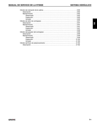 MANUAL DE SERVICIO DE LA RT890E SISTEMA HIDRÁULICO
2-v
2
Cilindro de inclinación de la cabina . . . . . . . . . . . . . . . . . . . . . . . . . . . . . . . . . . . . . . . . 2-92
Descripción . . . . . . . . . . . . . . . . . . . . . . . . . . . . . . . . . . . . . . . . . . . . . . . . . . . . . . . 2-92
Mantenimiento . . . . . . . . . . . . . . . . . . . . . . . . . . . . . . . . . . . . . . . . . . . . . . . . . . . . 2-92
Desarmado . . . . . . . . . . . . . . . . . . . . . . . . . . . . . . . . . . . . . . . . . . . . . . . . . . . 2-92
Inspección . . . . . . . . . . . . . . . . . . . . . . . . . . . . . . . . . . . . . . . . . . . . . . . . . . . . 2-95
Armado . . . . . . . . . . . . . . . . . . . . . . . . . . . . . . . . . . . . . . . . . . . . . . . . . . . . . . 2-95
Cilindro de retiro de contrapeso. . . . . . . . . . . . . . . . . . . . . . . . . . . . . . . . . . . . . . . . . . . 2-97
Descripción . . . . . . . . . . . . . . . . . . . . . . . . . . . . . . . . . . . . . . . . . . . . . . . . . . . . . . . 2-97
Mantenimiento . . . . . . . . . . . . . . . . . . . . . . . . . . . . . . . . . . . . . . . . . . . . . . . . . . . . 2-97
Desarmado . . . . . . . . . . . . . . . . . . . . . . . . . . . . . . . . . . . . . . . . . . . . . . . . . . . 2-97
Inspección . . . . . . . . . . . . . . . . . . . . . . . . . . . . . . . . . . . . . . . . . . . . . . . . . . . . 2-97
Armado . . . . . . . . . . . . . . . . . . . . . . . . . . . . . . . . . . . . . . . . . . . . . . . . . . . . . . 2-99
Cilindro del pasador del contrapeso . . . . . . . . . . . . . . . . . . . . . . . . . . . . . . . . . . . . . . . 2-99
Descripción . . . . . . . . . . . . . . . . . . . . . . . . . . . . . . . . . . . . . . . . . . . . . . . . . . . . . . . 2-99
Mantenimiento . . . . . . . . . . . . . . . . . . . . . . . . . . . . . . . . . . . . . . . . . . . . . . . . . . . . 2-99
Desarmado . . . . . . . . . . . . . . . . . . . . . . . . . . . . . . . . . . . . . . . . . . . . . . . . . . . 2-99
Inspección . . . . . . . . . . . . . . . . . . . . . . . . . . . . . . . . . . . . . . . . . . . . . . . . . . . 2-100
Armado . . . . . . . . . . . . . . . . . . . . . . . . . . . . . . . . . . . . . . . . . . . . . . . . . . . . . 2-100
Cilindro del freno de estacionamiento . . . . . . . . . . . . . . . . . . . . . . . . . . . . . . . . . . . . . 2-102
Descripción . . . . . . . . . . . . . . . . . . . . . . . . . . . . . . . . . . . . . . . . . . . . . . . . . . . . . . 2-102
 