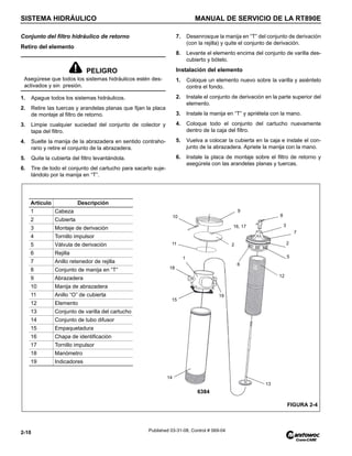SISTEMA HIDRÁULICO MANUAL DE SERVICIO DE LA RT890E
2-10 Published 03-31-08, Control # 069-04
Conjunto del filtro hidráulico de retorno
Retiro del elemento
1. Apague todos los sistemas hidráulicos.
2. Retire las tuercas y arandelas planas que fijan la placa
de montaje al filtro de retorno.
3. Limpie cualquier suciedad del conjunto de colector y
tapa del filtro.
4. Suelte la manija de la abrazadera en sentido contraho-
rario y retire el conjunto de la abrazadera.
5. Quite la cubierta del filtro levantándola.
6. Tire de todo el conjunto del cartucho para sacarlo suje-
tándolo por la manija en “T”.
7. Desenrosque la manija en “T” del conjunto de derivación
(con la rejilla) y quite el conjunto de derivación.
8. Levante el elemento encima del conjunto de varilla des-
cubierto y bótelo.
Instalación del elemento
1. Coloque un elemento nuevo sobre la varilla y asiéntelo
contra el fondo.
2. Instale el conjunto de derivación en la parte superior del
elemento.
3. Instale la manija en “T” y apriétela con la mano.
4. Coloque todo el conjunto del cartucho nuevamente
dentro de la caja del filtro.
5. Vuelva a colocar la cubierta en la caja e instale el con-
junto de la abrazadera. Apriete la manija con la mano.
6. Instale la placa de montaje sobre el filtro de retorno y
asegúrela con las arandelas planas y tuercas.
PELIGRO
Asegúrese que todos los sistemas hidráulicos estén des-
activados y sin presión.
FIGURA 2-4
Artículo Descripción
1 Cabeza
2 Cubierta
3 Montaje de derivación
4 Tornillo impulsor
5 Válvula de derivación
6 Rejilla
7 Anillo retenedor de rejilla
8 Conjunto de manija en “T”
9 Abrazadera
10 Manija de abrazadera
11 Anillo “O” de cubierta
12 Elemento
13 Conjunto de varilla del cartucho
14 Conjunto de tubo difusor
15 Empaquetadura
16 Chapa de identificación
17 Tornillo impulsor
18 Manómetro
19 Indicadores
10
11
1
18
9
16, 17
2
6
8
3
7
2
5
12
19
15
14
13
6384
 