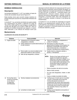 SISTEMA HIDRÁULICO MANUAL DE SERVICIO DE LA RT890E
2-12 Published 03-31-08, Control # 069-04
BOMBAS HIDRÁULICAS
Descripción
Las bombas hidráulicas N° 1 y N° 2 se instalan en bases de
mando del convertidor de par (vea la Figura 2-7).
Estas bombas sirven para convertir energía mecánica en
energía fluida para accionar los componentes hidráulicos de
la grúa.
La bomba N° 1 es una bomba de émbolo de caudal variable
con compensación de presión y detección de carga de
145 cm3
/rev. (8.85 pulg3
/rev.) que entrega un caudal teórico
de 363 l/min (96 gpm) con el motor a 2500 rpm. Tiene un
impelente de entrada incorporado que asegura un autoce-
bado adecuado y una válvula de arranque suave que
descarga la señal de detección de carga para permitir que el
motor arranque únicamente contra la presión de espera. La
presión diferencial o de espera de la bomba es de 1896 kPa
(19 bar) (275 psi). La bomba N° 1 suministra aceite a los
estabilizadores, dirección trasera, bloqueo de ejes,
elevación de la pluma, telescopización, malacate, carrete de
mangueras y funciones piloto. Para más información en
cuanto a la bomba, consulte el Volumen 2 del Manual de
mantenimiento.
La bomba N° 2 es una bomba de engranajes de sección
sencilla y de desplazamiento positivo de 56.3 cm3
/rev.
(3.44 pulg3
/rev.) que entrega un caudal teórico de 144 l/min
(38 gpm). La bomba N° 2 suministra aceite a los circuitos de
la dirección delantera y de giro.
Mantenimiento
Localización de averías de bomba N° 1
Síntoma Causa probable Solución
1. Fugas de aceite a. Adaptadores de manguera sueltos,
desgastados o dañados
a. Revise y reemplace los adaptadores o
anillos “O” dañados.
b. Anillos selladores de aceite deteriorados por
el calor excesivo.
b. Reemplace los sellos de aceite
desarmando la bomba. Comuníquese con
Manitowoc CraneCARE para recibir las
instrucciones del caso, o consulte el
Volumen 2 del Manual de mantenimiento.
c. Perno suelto o su zona de sellado se ha
deteriorado debido al calor excesivo.
c. Suelte el perno y después vuélvalo a
apretar, o reemplácelo.
d. Sello del eje desgastado o dañado. d.
NOTA: Revise si hay fugas de fluido por el
agujero de purga de la caja para
determinar cuál sello ha fallado. Si la
bomba tiene fugas de aceite hidráu-
lico, el sello interior está dañado. Si la
bomba tiene fugas de aceite de la
transmisión, el sello exterior está
dañado.
- Retire el portador del sello de la bomba
- Retire el sello averiado
- Si el eje está desgastado, instale un sello
nuevo
- Vuelva a instalar el portador de sellos
2. No hay flujo de la
bomba (si la bomba
no se ceba en
30 segundos
DETÉNGASE)
a. Bomba instalada incorrectamente. a. Verifique que el mando gire en el sentido
correcto. Compruebe que el eje de la
bomba esté girando (es decir, el
acoplamiento del mando está engranado).
Busque las fuentes de fugas de aspiración.
Compruebe que la brida de entrada esté
bien apretada. Revise si hay anillos “O”
estrujados.
b. La bomba no recibe aceite. b. Verifique que el depósito se encuentre al
nivel adecuado.
 