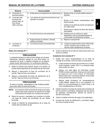 2-13
MANUAL DE SERVICIO DE LA RT890E SISTEMA HIDRÁULICO
2
Published 03-31-08, Control # 069-04
Retiro de la bomba N° 1
1. Retire la cubierta para obtener acceso a la bomba. La
bomba está empernada al convertidor de par del motor.
2. Marque y desconecte la línea de suministro de la
bomba. Tape la línea y la lumbrera.
3. Marque y desconecte las líneas de distribución de la
bomba. Tape las líneas y las lumbreras.
NOTA: Es necesario retirar la bomba de carga y dos espá-
rragos para poder alcanzar los pernos de montaje
de la bomba de émbolo con una llave de tuercas.
4. Retire los pernos y arandelas que conectan la bomba
a la base de mando del convertidor de par. Retire
la bomba.
5. Limpie el material de empaquetadura de la base de
mando del convertidor de par.
6. Cubra la abertura de la base de mando para evitar que
entre la suciedad.
Instalación de la bomba N° 1
1. Instale una nueva empaquetadura en la brida de
montaje de la bomba, como se indica a continuación.
a. Limpie la base de mando de la bomba con un disol-
vente limpiador Loctite 7070 ó un producto disol-
vente similar sin cloro.
b. Aplique una capa ligera de imprimador Loctite
N7649 a ambas superficies. Deje que el imprimador
se seque por uno a dos minutos. El imprimador
deberá estar seco. Las piezas deberán unirse antes
de que transcurran cinco minutos.
c. Aplique pasta formadora de empaquetaduras
Loctite Master Gasket 518 a una superficie. La
pasta se cura parcialmente en cuatro horas y se
cura completamente en 48 horas.
2. Instale la bomba en la base de mando del convertidor de
par con pernos y arandelas. Asegúrese que las estrías
se engranen correctamente. Apriete los pernos a
203 Nm (150 lb-pie).
3. Vuelva a instalar la bomba de carga y los espárragos.
4. Conecte las líneas de distribución y suministro según
las marcó durante el retiro.
3. La bomba no
acumula presión.
c. El flujo tiene una trayectoria sin restricciones c. Revise si hay un circuito abierto hacia el
depósito.
4. La bomba sólo
acumula una
presión baja, de
20 a 30 bar
(290 a 435 psi)
a. Los valores de control de la bomba se han
ajustado muy bajos
a.
- Revise si la válvula compensadora está
desenroscada
- Verifique si la señal de presión de detección
de carga existe
- Revise que la válvula de alivio del sistema
esté abierta
b. El control funciona incorrectamente b. Verifique que los orificios no estén
obstruidos y que los carretes/resortes de
control estén correctamente armados.
c. Fugas internas en cilindros, válvulas,
motores o bombas.
c. Repare el componente
5. La bomba no
compensa
a. El control funciona incorrectamente. a. Limpie la contaminación de los orificios del
control. Confirme que el orificio y los
tapones estén debidamente armados.
Síntoma Causa probable Solución
PRECAUCIÓN
La absoluta limpieza es vital cuando trabaja con bombas
hidráulicas. Siempre trabaje en una área limpia. La
presencia de tierra y materias extrañas en el sistema
puede causar daños graves o un rendimiento deficiente.
PRECAUCIÓN
Al retirar la bomba, manténgala lo más nivelada posible
para evitar dañar la estría de entrada.
 