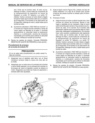 2-15
MANUAL DE SERVICIO DE LA RT890E SISTEMA HIDRÁULICO
2
Published 03-31-08, Control # 069-04
aire. Evite que la bomba cebe. Si esto ocurre,
detenga el motor y revise todas las conexiones de
la manguera/tubo de aspiración en busca de
flojedad, un anillo “O” faltante o un anillo “O”
dañado. Vuelva a arrancar el motor diesel y hágalo
funcionar hasta que la bomba cebe por un máximo
de 30 segundos. Si la bomba no se ceba dentro de
30 segundos, detenga el motor y repita hasta que la
bomba se cebe.
b. Aumente la velocidad a 1500-1800 rpm durante 1 a
2 minutos sin ninguna función activada y revise de
nuevo según se describe en el paso a. Aumente
gradualmente la velocidad hasta la aceleración
máxima y, a continuación, accione las funciones
impulsadas por la bomba para verificar la velocidad
correcta. Verifique el caudal de la bomba.
5. Revise los ajustes de presión. Consulte PROCEDI-
MIENTOS DE AJUSTE DE PRESIÓN en esta sección.
Procedimiento de arranque
de la bomba de émbolo P3
1. Asegúrese que el depósito esté lleno con el fluido
hidráulico correcto hasta la marca de nivel alto en
la mirilla.
2. Asegúrese que no entre aire en la entrada de la bomba
y que el fluido aspirado o en la entrada de la bomba no
se purgue de nuevo al depósito cuando se detiene el
motor. Asegúrese que todas las líneas de aspiración o
entrada estén bien ajustadas.
3. Quite el tapón (vea la Figura 2-6) y añada una taza de
aceite hidráulico a la caja de la bomba para ayudar
a lubricar las piezas durante el cebado para el arran-
que inicial.
4. Arranque el motor.
a. Haga funcionar el motor a ralentí durante dos o tres
minutos sin activar las funciones. Revise si hay
fugas y repárelas de ser necesario. Deje la mano
sobre la bomba para revisar si hay excesiva acumu-
lación de calor. Si la sección de la bomba está
demasiado caliente para que soporte dejar la mano
sobre ella, deténgase inmediatamente. Si la bomba
hace ruido excesivo posiblemente está aspirando
aire. Evite que la bomba cebe. Si esto ocurre,
detenga el motor y revise todas las conexiones de
la manguera/tubo de aspiración en busca de
flojedad, un anillo “O” faltante o un anillo “O”
dañado. Vuelva a arrancar el motor diesel y hágalo
funcionar hasta que la bomba cebe por un máximo
de 30 segundos. Si la bomba no se ceba dentro de
30 segundos, detenga el motor y repita hasta que la
bomba se cebe.
b. Aumente la velocidad a 1500-1800 rpm durante 1 a
2 minutos sin ninguna función activada y revise de
nuevo según se describe en el paso a. Aumente
gradualmente la velocidad hasta la aceleración
máxima y, a continuación, accione las funciones
impulsadas por la bomba para verificar la velocidad
correcta. Verifique el caudal de la bomba.
5. Revise los ajustes de presión. Consulte PROCEDI-
MIENTOS DE AJUSTE DE PRESIÓN en esta sección.
PRECAUCIÓN
Si no se sigue este procedimiento se puede causar la
falla de la bomba
Quite el tapón
FIGURA 2-6
6444-1
6483
ACEITE
 