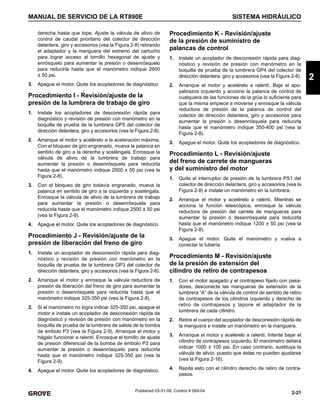 2-21
MANUAL DE SERVICIO DE LA RT890E SISTEMA HIDRÁULICO
2
Published 03-31-08, Control # 069-04
derecha hasta que tope. Ajuste la válvula de alivio de
control de caudal prioritario del colector de dirección
delantera, giro y accesorios (vea la Figura 2-8) retirando
el adaptador y la manguera del extremo del cartucho
para lograr acceso al tornillo hexagonal de ajuste y
enrósquelo para aumentar la presión o desenrósquelo
para reducirla hasta que el manómetro indique 2600
± 50 psi.
3. Apague el motor. Quite los acopladores de diagnóstico.
Procedimiento I - Revisión/ajuste de la
presión de la lumbrera de trabajo de giro
1. Instale los acopladores de desconexión rápida para
diagnóstico y revisión de presión con manómetro en la
boquilla de prueba de la lumbrera GP5 del colector de
dirección delantera, giro y accesorios (vea la Figura 2-8).
2. Arranque el motor y acelérelo a la aceleración máxima.
Con el bloqueo de giro engranado, mueva la palanca en
sentido de giro a la derecha y sosténgala. Enrosque la
válvula de alivio de la lumbrera de trabajo para
aumentar la presión o desenrósquela para reducirla
hasta que el manómetro indique 2500 ± 50 psi (vea la
Figura 2-8).
3. Con el bloqueo de giro todavía engranado, mueva la
palanca en sentido de giro a la izquierda y sosténgala.
Enrosque la válvula de alivio de la lumbrera de trabajo
para aumentar la presión o desenrósquela para
reducirla hasta que el manómetro indique 2500 ± 50 psi
(vea la Figura 2-8).
4. Apague el motor. Quite los acopladores de diagnóstico.
Procedimiento J - Revisión/ajuste de la
presión de liberación del freno de giro
1. Instale un acoplador de desconexión rápida para diag-
nóstico y revisión de presión con manómetro en la
boquilla de prueba de la lumbrera GP3 del colector de
dirección delantera, giro y accesorios (vea la Figura 2-8).
2. Arranque el motor y enrosque la válvula reductora de
presión de liberación del freno de giro para aumentar la
presión o desenrósquela para reducirla hasta que el
manómetro indique 325-350 psi (vea la Figura 2-8).
3. Si el manómetro no logra indicar 325-350 psi, apague el
motor e instale un acoplador de desconexión rápida de
diagnóstico y revisión de presión con manómetro en la
boquilla de prueba de la lumbrera de salida de la bomba
de émbolo P3 (vea la Figura 2-9). Arranque el motor y
hágalo funcionar a ralentí. Enrosque el tornillo de ajuste
de presión diferencial de la bomba de émbolo P3 para
aumentar la presión o desenrósquelo para reducirla
hasta que el manómetro indique 325-350 psi (vea la
Figura 2-9).
4. Apague el motor. Quite los acopladores de diagnóstico.
Procedimiento K - Revisión/ajuste
de la presión de suministro de
palancas de control
1. Instale un acoplador de desconexión rápida para diag-
nóstico y revisión de presión con manómetro en la
boquilla de prueba de la lumbrera GP4 del colector de
dirección delantera, giro y accesorios (vea la Figura 2-8).
2. Arranque el motor y acelérelo a ralentí. Baje el apo-
yabrazos izquierdo y accione la palanca de control de
cualquiera de las funciones de la grúa lo suficiente para
que la misma empiece a moverse y enrosque la válvula
reductora de presión de la palanca de control del
colector de dirección delantera, giro y accesorios para
aumentar la presión o desenrósquela para reducirla
hasta que el manómetro indique 350-400 psi (vea la
Figura 2-8).
3. Apague el motor. Quite los acopladores de diagnóstico.
Procedimiento L - Revisión/ajuste
del freno de carrete de mangueras
y del suministro del motor
1. Quite el interruptor de presión de la lumbrera PS1 del
colector de dirección delantera, giro y accesorios (vea la
Figura 2-8) e instale un manómetro en la lumbrera.
2. Arranque el motor y acelérelo a ralentí. Mientras se
acciona la función telescópica, enrosque la válvula
reductora de presión del carrete de mangueras para
aumentar la presión o desenrósquela para reducirla
hasta que el manómetro indique 1200 ± 50 psi (vea la
Figura 2-8).
3. Apague el motor. Quite el manómetro y vuelva a
conectar la tubería.
Procedimiento M - Revisión/ajuste
de la presión de extensión del
cilindro de retiro de contrapesos
1. Con el motor apagado y el contrapeso fijado con pasa-
dores, desconecte las mangueras de extensión de la
lumbrera “A” de la válvula de control de sentido de retiro
de contrapesos de los cilindros izquierdo y derecho de
retiro de contrapesos y tapone el adaptador de la
lumbrera de cada cilindro.
2. Retire el cuerpo del acoplador de desconexión rápida de
la manguera e instale un manómetro en la manguera.
3. Arranque el motor y acelérelo a ralentí. Intente bajar el
cilindro de contrapesos izquierdo. El manómetro deberá
indicar 1000 ± 100 psi. En caso contrario, sustituya la
válvula de alivio, puesto que éstas no pueden ajustarse
(vea la Figura 2-16).
4. Repita esto con el cilindro derecho de retiro de contra-
pesos.
 