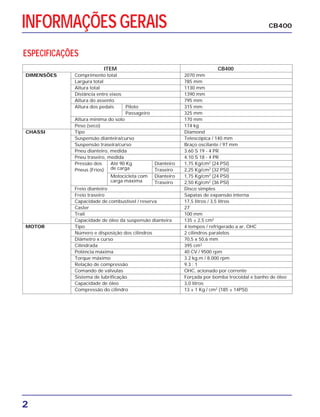 2
ESPECIFICAÇÕES
ITEM CB400
DIMENSÕES Comprimento total 2070 mm
Largura total 785 mm
Altura total 1130 mm
Distância entre eixos 1390 mm
Altura do assento 795 mm
Altura dos pedais Piloto 315 mm
Passageiro 325 mm
Altura mínima do solo 170 mm
Peso (seco) 174 kg
CHASSI Tipo Diamond
Suspensão dianteira/curso Telescópica / 140 mm
Suspensão traseira/curso Braço oscilante / 97 mm
Pneu dianteiro, medida 3.60 S 19 - 4 PR
Pneu traseiro, medida 4.10 S 18 - 4 PR
Pressão dos Até 90 Kg Dianteiro 1,75 Kg/cm2
(24 PSI)
Pneus (Frios) de carga Traseiro 2,25 Kg/cm2
(32 PSI)
Motocicleta com Dianteiro 1,75 Kg/cm2
(24 PSI)
carga máxima Traseiro 2,50 Kg/cm2
(36 PSI)
Freio dianteiro Disco simples
Freio traseiro Sapatas de expansão interna
Capacidade de combustível / reserva 17,5 litros / 3,5 litros
Caster 27˚
Trail 100 mm
Capacidade de óleo da suspensão dianteira 135 ± 2,5 cm2
MOTOR Tipo 4 tempos / refrigerado a ar, OHC
Número e disposição dos cilindros 2 cilindros paralelos
Diâmetro x curso 70,5 x 50,6 mm
Cilindrada 395 cm3
Potência máxima 40 CV / 9500 rpm
Torque máximo 3.2 kg.m / 8.000 rpm
Relação de compressão 9.3 : 1
Comando de válvulas OHC, acionado por corrente
Sistema de lubrificação Forçada por bomba trocoidal e banho de óleo
Capacidade de óleo 3,0 litros
Compressão do cilindro 13 ± 1 Kg / cm2
(185 ± 14PSI)
INFORMAÇÕES GERAIS CB400
 