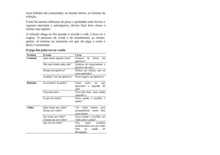 essas bebidas são consumidas, no mundo inteiro, ao término da
refeição.
Como há enorme diferença de preço e qualidade entre licores e
cognacs nacionais e estrangeiros, devem ficar bem claras o
cliente suas opções.
A refeição chega ao fim quando é servido o café, o licor ou o
cognac. O processo de venda e de atendimento ao cliente,
porém, só termina no momento em que ele paga a conta e
deixa o restaurante.
O jogo das palavras na venda
Produto Errado Certo
Cocktail Quer tomar alguma coisa? Gostaria de tomar um
aperitivo?
Não quer tomar nada, não? Gostaria de experimentar o
aperitivo da casa?
Deseja um aperitivo? Prefere um whisky sour ou
uma caipirinha?
Já pediu? Vai um aperitivo? Posso sugerir um aperitivo?
Refeição Já escolheu? Já pediu? Estou certo de que
apreciaria a sugestão do
chef.
Está tudo bom! Está tudo bom, mais minha
sugestão é..
O que vai comer? Posso ajudar a escolher o
jantar?
Vinho Quer tomar um vinho?
Deseja um vinho?
Um vinho branco seco
acompanharia muito bem
esses pratos.
Vai tomar um vinho?
Gostaria de um vinho?
Posso ajudar a escolher um
vinho para o jantar?
Que tal um vinho? Este prato combina
perfeitamente com um vinho
tinto da região de
Bourgogne.
 