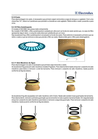 9.3.9 Cesto
Para desmontagem do cesto, é necessário que primeiro sejam removidos a capa do tanque e o agitador. Com uma
chave fixa 1/2”, retirar os 2 parafusos que prendem a chaveta ao cubo agitador. Retire então o cesto, puxando-o para
cima.

9.3.10 Filtro Autolimpante
O modelo 21061DBC não possui este componente.
No modelo 21061DBD, o filtro autolimpante é soldado por ultra-som ao fundo do cesto sendo que, no caso do filtro
apresentar algum dano, o conjunto cesto deve ser substituído por um novo.
Nas lavadoras 8 kg o filtro autolimpante é encaixado no fundo do cesto. Para retirá-lo é necessário primeiro que se
retire o cesto e que se remova a cola que prende o filtro ao cesto. Basta então girar o filtro para desengatá-lo.




9.3.11 Selo Mecânico de Água
Para desmontagem do selo é necessário que primeiro seja removido o cesto.
As lavadoras 6 kg possuem selo mecânico modelo Frigidaire. Para desmontá-lo basta empurrar o assento do selo
mecânico para baixo e remover o anel de borracha. Para remover o assento do selo mecânico, basta puxá-lo
conforme as figuras abaixo.




As lavadoras 8 kg são equipadas com selo mecânico John Crane. Neste selo existem duas guarnições de borracha.
Para desmontá-lo, remover a primeira guarnição que se encontra no tubo superior da transmissão. Em seguida basta
empurrar o assento do selo mecânico para baixo e remover a segunda guarnição. Para remover o assento do selo
mecânico, basta puxá-lo conforme as figuras abaixo.
 