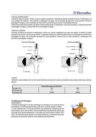VÁLVULA DESLIGADA:
Conforme figura a seguir, verifica-se que a agulha pressiona o diafragma através da ação da mola. O diafragma, na
sua posição de repouso, não permite a passagem de água. Se a pressão da água for muito grande, haverá a
passagem de água, pois, a pressão da mola não é suficiente para manter o diafragma fechado.
O filtro tela existe para impedir que algum resíduo fique retido no diafragma. Caso isto aconteça, a válvula irá permitir
a passagem da água, caracterizando uma condição irregular.

VÁLVULA LIGADA:
Quando a bobina da válvula é energizada, cria-se um campo magnético que atua na agulha. A agulha é então
pressionada contra a mola que se contrai. A pressão da água é suficiente para empurrar o diafragma, permitindo a
passagem da água. Se a pressão da água for muito pequena, mesmo com a mola contraída, o diafragma não
permitirá a passagem da água.




TESTE:
Verificar a continuidade entre os terminais da bobina da válvula. O valor da resistência deve estar próxima aos valores
abaixo:




10.4 Bomba de Drenagem
DESCRIÇÃO:
A bomba de drenagem é do tipo centrífuga e é movida por um motor síncrono
monofásico. É formada basicamente pelo rotor, evoluta, estator e hélice.
O rotor consiste de um imã permanente cujo sentido de rotação pode ser
tanto horário como anti-horário. Uma característica importante do rotor é que
ele pode girar aproximadamente ¼ de volta sem movimentar a hélice. Por-
tanto, se a bomba travar devido a um objeto estranho, o rotor deve executar
pequenos movimentos horários e anti-horários até destravá-lo.
 