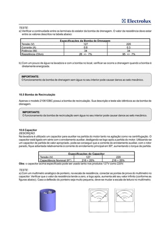 TESTE:
a) Verificar a continuidade entre os terminais do estator da bomba de drenagem. O valor da resistência deve estar
   entre os valores descritos na tabela abaixo:




b) Com um pouco de água na lavadora e com a bomba no local, verificar se ocorre a drenagem quando a bomba é
   diretamente energizada.


  IMPORTANTE:
  O funcionamento da bomba de drenagem sem água no seu interior pode causar danos ao selo mecânico.




10.5 Bomba de Recirculação

Apenas o modelo 21061DBC possui a bomba de recirculação. Sua descrição e teste são idênticos ao da bomba de
drenagem.


   IMPORTANTE:
   O funcionamento da bomba de recirculação sem água no seu interior pode causar danos ao selo mecânico.




10.6 Capacitor
DESCRIÇÃO:
Na lavadora é utilizado um capacitor para auxiliar na partida do motor tanto na agitação como na centrifugação. O
capacitor está ligado em série com o enrolamento auxiliar, desligando-se logo após a partida do motor. Utilizando-se
um capacitor de partida de valor apropriado, pode-se conseguir que a corrente do enrolamento auxiliar, com o rotor
parado, fique adiantada relativamente à corrente do enrolamento principal em 90º, aumentando o torque de partida.




Obs: o capacitor acima especificado pode ser usado tanto nos produtos 127V como 220V.

TESTE:
a) Com um multímetro analógico de ponteiro, na escala de resistência, conectar as pontas de prova do multímetro no
capacitor. Verificar que o valor da resistência tende a zero, e logo após, aumenta até seu valor infinito (conforme as
figuras abaixo). Caso a deflexão do ponteiro seja muito pequena, deve-se mudar a escala de leitura no multímetro.
 