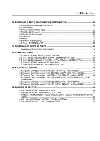 10. DESCRIÇÃO E TESTE DOS PRINCIPAIS COMPONENTES .................................................... 26
          10.1 Dispositivo de Segurança da Tampa ............................................................................... 26
          10.2 Pressostato ..................................................................................................................... 27
          10.3 Válvula de Entrada de Água ............................................................................................. 27
          10.4 Bomba de Drenagem ...................................................................................................... 28
          10.5 Bomba de Recirculação .................................................................................................. 29
          10.6 Capacitor ......................................................................................................................... 29
          10.7 Motor ................................................................................................................................ 30
          10.8 Protetor de Sobrecarga ................................................................................................... 32
          10.9 Timer ( BITRON / EATON ) .............................................................................................. 32
11. DESCRIÇÃO DA CARTA DE TEMPO .......................................................................................... 34
          11.1 INFORMAÇÕES COMPLEMENTARES ........................................................................... 34
12. CARTAS DE TEMPO .................................................................................................................... 35
          12.1 Timer BITRON 60 passos (127V) - 21061DBC ............................................................... 35
          12.2 Timer SIEBE 60 passos (127V e 220V) - 21061DBC/21061DBD ................................... 36
          12.3 Timer SIEBE 62 passos - 21081DBA (127V e 220V) e 21081DBB (127V) ..................... 37
          12.4 Timer BITRON 60 passos - 21081DBB (220V) ............................................................... 38
          12.5 Timer SIEBE 58 passos - 21081LBA (127V e 220V) ....................................................... 39
13. ESQUEMAS ELÉTRICOS ............................................................................................................ 40
          13.1 Esquema Elétrico Lavadora 21061DBC 127V 60 Hz (Timer BITRON) .......................... 40
          13.2 Esquema Elétrico Lavadora 21061DBC 127V e 220V 60 Hz (Timer SIEBE) ................. 41
          13.3 Esquema Elétrico Lavadora 21061DBD 127V e 220V 60 Hz (Timer SIEBE) ................ 42
          13.4 Esquema Elétrico Lavadora 21081DBA (127V e 220V) e 21081DBB (127V) 60 Hz
             (Timer SIEBE) ................................................................................................................... 43
          13.5 Esquema Elétrico Lavadora 21081DBB (220V) 60 Hz ( Timer BITRON ) ...................... 44
          13.6 Esquema Elétrico Lavadora 21081LBA (127V e 220V) 60 Hz (Timer SIEBE) ................ 45
14. ÁRVORES DE DEFEITO .............................................................................................................. 46
          14.1 Modelo 21061DBC Timer BITRON 127V ......................................................................... 46
          14.2 Modelo 21061DBC Timer SIEBE 127V ou 220V .............................................................. 57
          14.3 Modelos 21061DBD (127 e 220V), 2108DBA (127V e 220V) e 21081DBB (127V) Timer
             SIEBE ................................................................................................................................ 68
          14.4 Modelos 21081DBA e 2108DBB (220V) Timer BITRON .................................................. 79
          14.5 Modelo 21081LBA (127V e 220V) Timer SIEBE ............................................................... 90
 