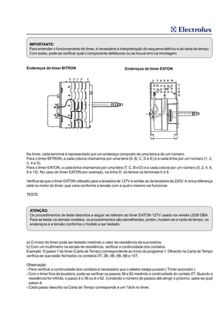IMPORTANTE:
 Para entender o funcionamento do timer, é necessária a interpretração do esquema elétrico e da carta de tempo.
 Com estes, pode-se verificar qual o componente defeituoso ou se houve erro na montagem.


Endereços do timer BITRON                                    Endereços do timer EATON




No timer, cada terminal é representado por um endereço composto de uma letra e de um número.
Para o timer BITRON, a cada coluna chamamos por uma letra (A, B, C, D e E) e a cada linha por um número (1, 2,
3, 4 e 5).
Para o timer EATON, a cada linha chamamos por uma letra (T, C, B e D) e a cada coluna por um número (0, 2, 4, 6,
8 e 10). No caso do timer EATON por exemplo, na linha D, só temos os terminais 0 e 6.

Verifica-se que o timer EATON utilizado para a lavadora de 127V é similar ao da lavadora de 220V. A única diferença
está no motor do timer, que varia conforme a tensão com a qual o mesmo vai funcionar.

TESTE



  ATENÇÃO:
  Os procedimentos de teste descritos a seguir se referem ao timer EATON 127V usado na versão LE08 DBA.
  Para se testar os demais modelos, os procedimentos são semelhantes, porém, mudam-se a carta de tempo, os
  endereços e a tensão conforme o modelo a ser testado.



a) O motor do timer pode ser testado medindo o valor da resistência de sua bobina.
b) Com um multímetro na escala de resistência, verificar a continuidade dos contatos.
Exemplo: O passo 1 do timer (Carta de Tempo) correspondente ao início do programa 1. Olhando na Carta de Tempo
verifica-se que estão fechados os contatos 0T, 2B, 4B, 6B, 8B e 10T.

Observação:
- Para verificar a continuidade dos contatos é necessário que o seletor esteja puxado ( Timer acionado ).
- Com o timer fora da lavadora, pode-se verificar os passos 36 e 62 medindo a continuidade do contato 0T. Quando a
  resistência for infinita, o passo é o 36 ou é o 62. Contando o número de passos até atingir o próximo, sabe-se qual
  passo é.
- Cada passo descrito na Carta de Tempo corresponde a um "click no timer.
 