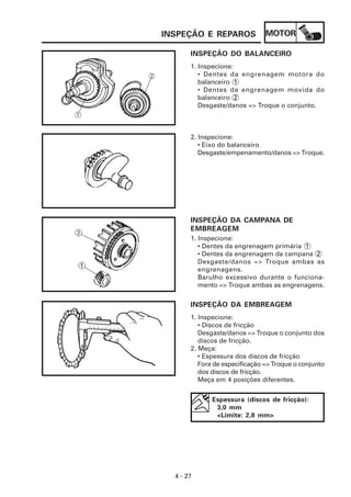 MOTOR
4 - 27
INSPEÇÃO E REPAROS
INSPEÇÃO DO BALANCEIRO
1. Inspecione:
• Dentes da engrenagem motora do
balanceiro 1
• Dentes da engrenagem movida do
balanceiro 2
Desgaste/danos => Troque o conjunto.
2. Inspecione:
• Eixo do balanceiro
Desgaste/empenamento/danos => Troque.
INSPEÇÃO DA CAMPANA DE
EMBREAGEM
1. Inspecione:
• Dentes da engrenagem primária 1
• Dentes da engrenagem da campana 2
Desgaste/danos => Troque ambas as
engrenagens.
Barulho excessivo durante o funciona-
mento => Troque ambas as engrenagens.
INSPEÇÃO DA EMBREAGEM
1. Inspecione:
• Discos de fricção
Desgaste/danos => Troque o conjunto dos
discos de fricção.
2. Meça:
• Espessura dos discos de fricção
Fora de especificação => Troque o conjunto
dos discos de fricção.
Meça em 4 posições diferentes.
Espessura (discos de fricção):
3,0 mm
<Limite: 2,8 mm>
 