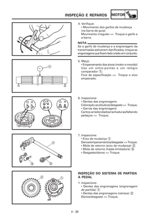 MOTOR
4 - 30
INSPEÇÃO E REPAROS
NOTA:
Se o garfo de mudança e a engrenagem da
transmissão estiverem danificados, troque as
engrenagensqueficamladoaladoemconjunto.
4. Verifique:
• Movimento dos garfos de mudança
(na barra de guia)
Movimento irregular => Troque o garfo e
a barra.
5. Meça:
• Empenamento dos eixos (motor e movido)
Use um entre-pontas e um relógio
comparador 1 .
Fora de especificação => Troque o eixo
empenado.
6. Inspecione:
• Dentes das engrenagens
Coloração azul/sulcos/desgaste => Troque.
• Garras das engrenagens
Cantos arredondados/rachaduras/faltando
pedaços => Troque.
7. Inspecione:
• Eixo de mudança 1
Danos/empenamentos/desgaste => Troque.
• Mola de retorno (eixo de mudança) 2
• Mola de retorno (haste limitadora) 3
• Desgaste/danos => Troque.
INSPEÇÃO DO SISTEMA DE PARTIDA
A PEDAL
1. Inspecione:
• Dentes das engrenagens (engrenagem
de partida) 1
• Dentes das engrenagens (catraca) 2
Danos/desgaste => Troque.
 