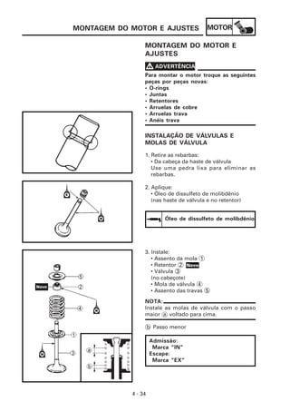 MOTOR
4 - 34
MONTAGEM DO MOTOR E AJUSTES
MONTAGEM DO MOTOR E
AJUSTES
Para montar o motor troque as seguintes
peças por peças novas:
• O-rings
• Juntas
• Retentores
• Arruelas de cobre
• Arruelas trava
• Anéis trava
V
V
V
V
V ADVERTÊNCIA
INSTALAÇÃO DE VÁLVULAS E
MOLAS DE VÁLVULA
1. Retire as rebarbas:
• Da cabeça da haste de válvula
Use uma pedra lixa para eliminar as
rebarbas.
2. Aplique:
• Óleo de dissulfeto de molibdênio
(nas haste de válvula e no retentor)
3. Instale:
• Assento da mola 1
• Retentor 2
• Válvula 3
(no cabeçote)
• Mola de válvula 4
• Assento das travas 5
NOTA:
Instale as molas de válvula com o passo
maior a voltado para cima.
b Passo menor
Admissão:
Marca “IN”
Escape:
Marca “EX”
Óleo de dissulfeto de molibdênio
Novo
 