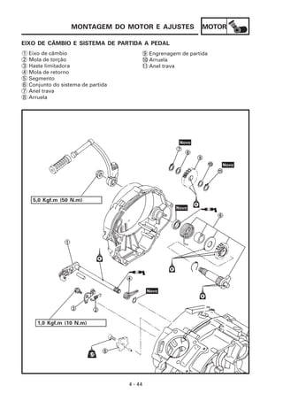 MOTOR
4 - 44
MONTAGEM DO MOTOR E AJUSTES
EIXO DE CÂMBIO E SISTEMA DE PARTIDA A PEDAL
1 Eixo de câmbio
2 Mola de torção
3 Haste limitadora
4 Mola de retorno
5 Segmento
6 Conjunto do sistema de partida
7 Anel trava
8 Arruela
Engrenagem de partida
Arruela
Anel trava
5,0 Kgf.m (50 N.m)
1,0 Kgf.m (10 N.m)
9
10
11
 