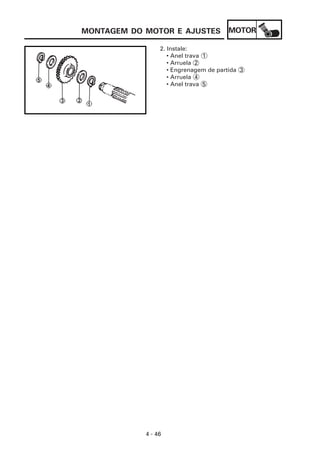 MOTOR
4 - 46
MONTAGEM DO MOTOR E AJUSTES
2. Instale:
• Anel trava 1
• Arruela 2
• Engrenagem de partida 3
• Arruela 4
• Anel trava 5
 