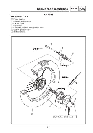 CHAS
6 - 1
RODA E FREIO DIANTEIROS
CHASSI
RODA DIANTEIRA
1 Porca do eixo
2 Cabo do velocímetro
3 Eixo da roda
4 Espaçador
5 Conjunto do prato da sapata de freio
6 Guarda-pó/espaçador
7 Roda dianteira
4,55 Kgf.m (45,5 N.m)
 