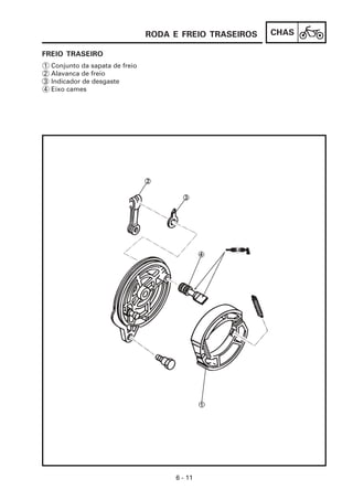 CHAS
6 - 11
FREIO TRASEIRO
1 Conjunto da sapata de freio
2 Alavanca de freio
3 Indicador de desgaste
4 Eixo cames
RODA E FREIO TRASEIROS
 
