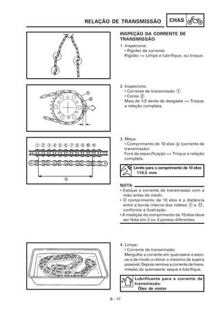 CHAS
6 - 17
INSPEÇÃO DA CORRENTE DE
TRANSMISSÃO
RELAÇÃO DE TRANSMISSÃO
4. Limpe:
• Corrente de transmissão
Mergulhe a corrente em querosene e esco-
ve-a de modo a retirar o máximo de sujeira
possível. Depois remova a corrente de trans-
missão do querosene, seque e lubrifique.
3. Meça:
• Comprimento de 10 elos a (corrente de
transmissão)
Fora de especificação => Troque a relação
completa.
2. Inspecione:
• Corrente de transmissão 1
• Coroa 2
Mais de 1/2 dente de desgaste => Troque
a relação completa.
1. Inspecione:
• Rigidez da corrente
Rigidez => Limpe e lubrifique, ou troque.
Limite para o comprimento de 10 elos:
119,5 mm
NOTA:
• Estique a corrente de transmissão com a
mão antes de medir.
• O comprimento de 10 elos é a distância
entre a borda interna dos roletes 1 e 11 ,
conforme a ilustração.
• A medição do comprimento de 10 elos deve
ser feita em 2 ou 3 pontos diferentes.
Lubrificante para a corrente de
transmissão:
Óleo de motor
 