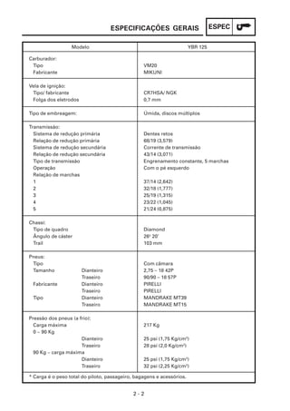 ESPEC
2 - 2
ESPECIFICAÇÕES GERAIS
Modelo YBR 125
Carburador:
Tipo
Fabricante
Vela de ignição:
Tipo/ fabricante
Folga dos eletrodos
Tipo de embreagem:
Transmissão:
Sistema de redução primária
Relação de redução primária
Sistema de redução secundária
Relação de redução secundária
Tipo de transmissão
Operação
Relação de marchas
1
2
3
4
5
Chassi:
Tipo de quadro
Ângulo de cáster
Trail
Pneus:
Tipo
Tamanho Dianteiro
Traseiro
Fabricante Dianteiro
Traseiro
Tipo Dianteiro
Traseiro
Pressão dos pneus (a frio):
Carga máxima
0 ~ 90 Kg
Dianteiro
Traseiro
90 Kg ~ carga máxima
Dianteiro
Traseiro
VM20
MIKUNI
CR7HSA/ NGK
0,7 mm
Úmida, discos múltiplos
Dentes retos
68/19 (3,579)
Corrente de transmissão
43/14 (3,071)
Engrenamento constante, 5 marchas
Com o pé esquerdo
37/14 (2,642)
32/18 (1,777)
25/19 (1,315)
23/22 (1,045)
21/24 (0,875)
Diamond
26o
20’
103 mm
Com câmara
2,75 – 18 42P
90/90 – 18 57P
PIRELLI
PIRELLI
MANDRAKE MT39
MANDRAKE MT15
217 Kg
25 psi (1,75 Kg/cm2
)
28 psi (2,0 Kg/cm2
)
25 psi (1,75 Kg/cm2
)
32 psi (2,25 Kg/cm2
)
* Carga é o peso total do piloto, passageiro, bagagens e acessórios.
 