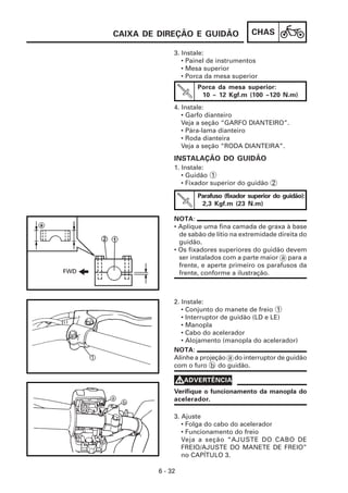 CHAS
6 - 32
3. Instale:
• Painel de instrumentos
• Mesa superior
• Porca da mesa superior
CAIXA DE DIREÇÃO E GUIDÃO
3. Ajuste
• Folga do cabo do acelerador
• Funcionamento do freio
Veja a seção “AJUSTE DO CABO DE
FREIO/AJUSTE DO MANETE DE FREIO”
no CAPÍTULO 3.
2. Instale:
• Conjunto do manete de freio 1
• Interruptor de guidão (LD e LE)
• Manopla
• Cabo do acelerador
• Alojamento (manopla do acelerador)
1. Instale:
• Guidão 1
• Fixador superior do guidão 2
INSTALAÇÃO DO GUIDÃO
4. Instale:
• Garfo dianteiro
Veja a seção “GARFO DIANTEIRO”.
• Pára-lama dianteiro
• Roda dianteira
Veja a seção “RODA DIANTEIRA”.
Porca da mesa superior:
10 ~ 12 Kgf.m (100 ~120 N.m)
Parafuso (fixador superior do guidão):
2,3 Kgf.m (23 N.m)
NOTA:
• Aplique uma fina camada de graxa à base
de sabão de lítio na extremidade direita do
guidão.
• Os fixadores superiores do guidão devem
ser instalados com a parte maior a para a
frente, e aperte primeiro os parafusos da
frente, conforme a ilustração.
NOTA:
Alinhe a projeção a do interruptor de guidão
com o furo b do guidão.
Verifique o funcionamento da manopla do
acelerador.
V
V
V
V
VADVERTÊNCIA
 