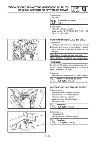 INSP
AJUS
3 - 14
TROCA DE ÓLEO DO MOTOR/ VERIFICAÇÃO DO FLUXO
DE ÓLEO/ INSPEÇÃO DO SISTEMA DE ESCAPE
5. Abasteça:
• Cárter
3. Apertar
• Parafuso da verificação do fluxo do óleo
Quantidade de óleo:
1,0 L
6. Verifique:
• Nível de óleo do motor
Veja seção “INSPEÇÃO DO NÍVEL DE
ÓLEO DO MOTOR”.
VERIFICAÇÃO DO FLUXO DE ÓLEO
1. Remover
• Parafuso de verificação do fluxo de óleo 1
2. Funcionar o motor e mantê-lo em marcha
lenta até que o óleo escoe pelo furo de
sangria.
Óleo flui => Pressão de óleo está boa.
Óleo não flui => Pressão de óleo não está boa.
Se não sair óleo após alguns segundos, des-
ligue o motor imediatamente e verifique a
seção da bomba de óleo.
CUIDADO:
Parafuso do fluxo de óleo:
0,7 Kgf.m (7N.m)
INSPEÇÃO DO SISTEMA DE ESCAPE
Parafuso:
0,7 Kgf.m (7N.m)
2. Inspecione:
• Parafuso 2
Solto/danos => Aperte/troque.
Parafuso:
1,5 Kgf.m (15N.m)
1. Inspecione:
• Parafusos 1 (tubo de escape)
Solto/danos => Aperte/troque.
• Gaxeta (tubo de escape)
Vazamento de gás de escape =>
Aperte/troque.
1
 