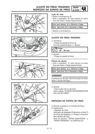 INSP
AJUS
3 - 17
AJUSTE DO FREIO TRASEIRO/
INSPEÇÃO DA SAPATA DE FREIO
*************************************
• Aperte a contraporca.
AJUSTE DO FREIO TRASEIRO
Folga :
20 ~ 30 mm
2. Ajuste:
• Folga do pedal de freio
*************************************
Certifique-se de que não há arrasto do freio
após o ajuste da folga.
CUIDADO:
3. Ajuste:
• Interruptor da luz de freio
Veja a seção “AJUSTE DO INTERRUPTOR
DA LUZ DE FREIO”.
*************************************
INSPEÇÃO DA SAPATA DE FREIO
Lado da roda
• Solte a contraporca 3 .
• Gire o ajustador 4 para dentro ou para
fora até obter a folga especificada.
Girar para dentro a => Diminui a folga.
Girar para fora b => Aumenta a folga.
1. Verifique:
• Folga do pedal de freio a
Fora de especificação => Ajuste.
Passos de ajuste:
• Gire o ajustador 1 para dentro ou para
fora até obter a folga especificada.
Girar para dentro a => Diminui a folga.
Girar para fora b => Aumenta a folga.
1. Acione o pedal ou o manete de freio.
2. Inspecione:
• Sapatas de freio
Indicador de desgaste 2 alcançou a linha 1
de limite de desgaste => Troque o conjunto
das sapatas de freio.
Veja as seções “RODA DIANTEIRA” e
“RODA TRASEIRA” no CAPÍTULO 6.
a
 