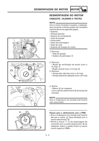 MOTOR
4 - 4
DESMONTAGEM DO MOTOR
NOTA:
Gire o virabrequim em sentido anti-horário
com uma chave.
DESMONTAGEM DO MOTOR
NOTA:
Com o motor montado no quadro, o cabeçote,
eixo comando e cilindro podem ser revisados
removendo-se as seguintes peças:
• Assento
• Tampas laterais
• Tanque de combustível
• Tubo de escape
• Carburador
• Cabo de embreagem
• Cabo de vela
• Suporte de fixação do motor
CABEÇOTE, CILINDRO E PISTÃO
1. Remova:
• Vela de ignição
• Coletor de admissão 1
2. Remova:
• Bujão de verificação de ponto (com o
O-ring) 1
• Bujão central (com o O-ring) 2
3. Remova:
• Tampa das válvulas (com o O-ring)
• Tampa lateral do cabeçote (com o O-ring)
4. Alinhe:
• Marca a do magneto
(com o ponto estacionário b da tampa da
carcaça)
*************************************
Passos para o alinhamento com o PMS:
• Gire o virabrequim em sentido anti-horário
até que a marca a fique alinhada com o
ponto estacionário b .
• Alinhe a marca ”I” c da engrenagem do
comando com o ponto estacionário d do
cabeçote. Assim o pistão ficará no ponto
morto superior (PMS).
 