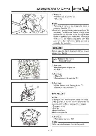 MOTOR
4 - 7
DESMONTAGEM DO MOTOR
2. Remova:
• Volante do magneto 1
• Chaveta
NOTA:
• Remova o volante do magneto com o
sacador do rotor 2 .
• Centralize o sacador do rotor no volante do
magneto. Certifique-se de que a folga entre
o sacador e o volante fique por igual em
todos os pontos, após instalar os parafusos
de fixação. Se necessário, solte um dos
parafusos ligeiramente, para ajustar a
posição do sacador.
Sacador do rotor:
90890-01362
3. Remova:
• Engrenagem de partida
• Arruela
4. Remova:
• Placa 2
• Engrenagem de partida 1
Cubra a ponta do virabrequim com a chave
para evitar danos.
CUIDADO:
NOTA:
Solte os parafusos de forma diagonal.
1. Remova:
• Tampa da carcaça (LD)
NOTA:
O conjunto da embreagem pode ser remo-
vido quando o motor estiver montado no
quadro, retirando-se as seguintes peças:
• Escapamento
• Estribo
• Pedal do freio
• Pedal de partida
EMBREAGEM
5. Remova:
• Guia da corrente de comando 1
• Corrente de comando 2
1
2
 