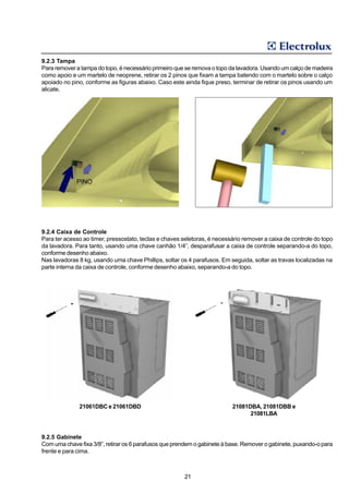 9.2.3 Tampa
Para remover a tampa do topo, é necessário primeiro que se remova o topo da lavadora. Usando um calço de madeira
como apoio e um martelo de neoprene, retirar os 2 pinos que fixam a tampa batendo com o martelo sobre o calço
apoiado no pino, conforme as figuras abaixo. Caso este ainda fique preso, terminar de retirar os pinos usando um
alicate.




9.2.4 Caixa de Controle
Para ter acesso ao timer, pressostato, teclas e chaves seletoras, é necessário remover a caixa de controle do topo
da lavadora. Para tanto, usando uma chave canhão 1/4”, desparafusar a caixa de controle separando-a do topo,
conforme desenho abaixo.
Nas lavadoras 8 kg, usando uma chave Phillips, soltar os 4 parafusos. Em seguida, soltar as travas localizadas na
parte interna da caixa de controle, conforme desenho abaixo, separando-a do topo.




              21061DBC e 21061DBD                                         21081DBA, 21081DBB e
                                                                                21081LBA



9.2.5 Gabinete
Com uma chave fixa 3/8”, retirar os 6 parafusos que prendem o gabinete à base. Remover o gabinete, puxando-o para
frente e para cima.



                                                       21
 