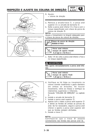 3 - 38
INSP
AJUS
6. Ajuste:
• coluna de direção
a. Remova a arruela-trava 1, a porca anel
superior 2 e a arruela de borracha 3.
b. Solte a porca anel inferior 4 e fixe-a com o
torque especificado com chave de porca da
coluna de direção 5.
c. Solte 1/4 de volta a porca anel inferior e fixe-a
no torque especificado.
d. Verifique se há folga ou travamento na
coluna virando totalmente o garfo dianteiro
em ambas as direções. Se houver
travamento, retire as mesas e verifique os
rolamentos superiores e inferiores.
Consulte "COLUNA DE DIREÇÃO" no capítulo
4.
e. Instale a arruela de borracha 2.
f. Instale a porca anel superior 3.
g. Aperte com o dedo a porca anel superior 3
e alinhe as fendas de ambas as porcas do
anel. Se for necessário, segure a porca anel
inferior e aperte a porca anel superior até
que as fendas estejam alinhadas.
h. Instale a trava 1.
INSPEÇÃO E AJUSTE DA COLUNA DE DIREÇÃO
1
2
3
4
5
Porca anel inferior
(torque de aperto inicial)
5,2 kgf.m ( 52 N.m )
Não aperte demasiadamente a porca anel infe-
rior.
VVVVV ADVERTÊNCIA
Porca anel inferior
(torque de aperto final)
1,8 kgf.m ( 18 N.m )
1
3
b
2
a
Certifique-se que a trava a assente
corretamente nas fendas das porcas anel b.
NOTA:
Chave da porca de direção
90890-01403
Ajuste o torquímetro no ângulo adequado para
a chave da porca da coluna de direção.
NOTA:
 
