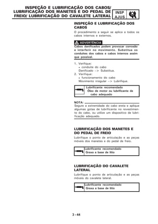 3 - 44
INSP
AJUS
1. Verifique:
• conduite do cabo
Danificado --> Substitua.
2. Verifique:
• funcionamento do cabo
Movimento irregular --> Lubrifique.
INSPEÇÃO E LUBRIFICAÇÃO DOS CABOS/
LUBRIFICAÇÃO DOS MANETES E DO PEDAL DE
FREIO/ LUBRIFICAÇÃO DO CAVALETE LATERAL
Segure a extremidade do cabo ereta e aplique
algumas gotas de lubrificante no revestimen-
to do cabo, ou utilize um dispositivo de lubri-
ficação adequado.
NOTA:
Lubrificante recomendado
Óleo de motor ou lubrificante de
cabo adequado
INSPEÇÃO E LUBRIFICAÇÃO DOS
CABOS
O procedimento a seguir se aplica a todos os
cabos internos e externos.
Cabos danificados podem provocar corrosão
e interferir no movimento. Substitua os
conduites dos cabos e cabos internos assim
que possível.
VVVVV ADVERTÊNCIA
Lubrificante recomendado
Graxa a base de lítio
Lubrificante recomendado
Graxa a base de lítio
LUBRIFICAÇÃO DOS MANETES E
DO PEDAL DE FREIO
Lubrifique o ponto de articulação e as peças
móveis dos manetes e do pedal de freio.
LUBRIFICAÇÃO DO CAVALETE
LATERAL
Lubrifique o ponto de articulação e as peças
móveis do cavalete lateral.
 