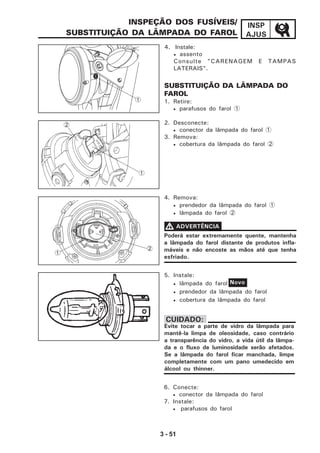 3 - 51
INSP
AJUS
6. Conecte:
• conector da lâmpada do farol
7. Instale:
• parafusos do farol
SUBSTITUIÇÃO DA LÂMPADA DO
FAROL
1. Retire:
• parafusos do farol 1
2. Desconecte:
• conector da lâmpada do farol 1
3. Remova:
• cobertura da lâmpada do farol 2
4. Remova:
• prendedor da lâmpada do farol 1
• lâmpada do farol 2
INSPEÇÃO DOS FUSÍVEIS/
SUBSTITUIÇÃO DA LÂMPADA DO FAROL
1
2
5. Instale:
• lâmpada do farol
• prendedor da lâmpada do farol
• cobertura da lâmpada do farol
Poderá estar extremamente quente, mantenha
a lâmpada do farol distante de produtos infla-
máveis e não encoste as mãos até que tenha
esfriado.
VVVVV ADVERTÊNCIA
Evite tocar a parte de vidro da lâmpada para
mantê-la limpa de oleosidade, caso contrário
a transparência do vidro, a vida útil da lâmpa-
da e o fluxo de luminosidade serão afetados.
Se a lâmpada do farol ficar manchada, limpe
completamente com um pano umedecido em
álcool ou thinner.
CUIDADO:
Novo
1
1
2
4. Instale:
• assento
Consulte "CARENAGEM E TAMPAS
LATERAIS".
 