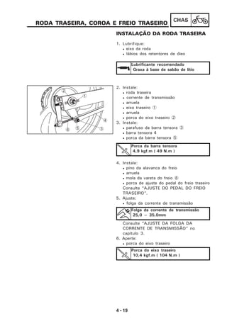 4 - 19
CHAS
RODA TRASEIRA, COROA E FREIO TRASEIRO
INSTALAÇÃO DA RODA TRASEIRA
1. Lubrifique:
• eixo da roda
• lábios dos retentores de óleo
2. Instale:
• roda traseira
• corrente de transmissão
• arruela
• eixo traseiro 1
• arruela
• porca do eixo traseiro 2
3. Instale:
• parafuso da barra tensora 3
• barra tensora 4
• porca da barra tensora 5
4. Instale:
• pino da alavanca do freio
• arruela
• mola da vareta do freio 6
• porca de ajuste do pedal do freio traseiro
Consulte “AJUSTE DO PEDAL DO FREIO
TRASEIRO”.
5. Ajuste:
• folga da corrente de transmissão
Consulte “AJUSTE DA FOLGA DA
CORRENTE DE TRANSMISSÃO” no
capítulo 3.
6. Aperte:
• porca do eixo traseiro
Lubrificante recomendado
Graxa à base de sabão de lítio
Porca da barra tensora
4,9 kgf.m ( 49 N.m )
Folga da corrente de transmissão
25,0 ~ 35,0mm
Porca do eixo traseiro
10,4 kgf.m ( 104 N.m )
1
2
6 3
4
5
 