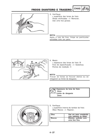 4 - 27
CHAS
FREIOS DIANTEIRO E TRASEIRO
4. Medir:
• espessura das lonas de freio a
Fora de especificação --> Substitua.
Pontos de medição 1
5. Verifique:
• superfície interna do tambor de freio
Óleo/ Riscos --> Reparar.
Espessura da lona de freio:
4mm
Limite de desgaste
2mm
Após o uso da lixa, limpe as partículas
extraídas com um pano.
NOTA:
Trocar as lonas se houver danos ou se
chegarem ao limite de desgaste.
NOTA:
1
Óleo Use um pano umedecido
com solvente ou thiner.
Riscos Elimine, polindo com
uma lixa fina.
3. Verifique:
• superfície das lonas de freio
Áreas vitrificadas --> Remover.
Use uma lixa grossa.
 