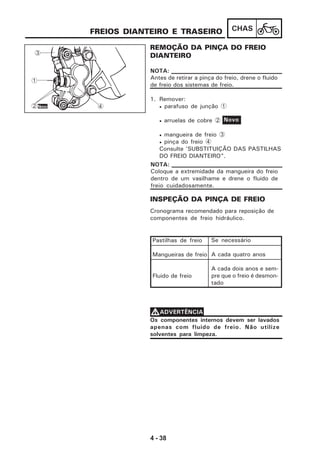 4 - 38
CHASFREIOS DIANTEIRO E TRASEIRO
REMOÇÃO DA PINÇA DO FREIO
DIANTEIRO
1. Remover:
• parafuso de junção 1
• arruelas de cobre 2
• mangueira de freio 3
• pinça do freio 4
Consulte ‘SUBSTITUIÇÃO DAS PASTILHAS
DO FREIO DIANTEIRO”.
INSPEÇÃO DA PINÇA DE FREIO
Cronograma recomendado para reposição de
componentes de freio hidráulico.
Pastilhas de freio
Mangueiras de freio
Fluido de freio
Se necessário
A cada quatro anos
A cada dois anos e sem-
pre que o freio é desmon-
tado
Os componentes internos devem ser lavados
apenas com fluido de freio. Não utilize
solventes para limpeza.
VVVVVADVERTÊNCIA
Novo
Antes de retirar a pinça do freio, drene o fluido
de freio dos sistemas de freio.
NOTA:
Coloque a extremidade da mangueira do freio
dentro de um vasilhame e drene o fluido de
freio cuidadosamente.
NOTA:
1
2 4
3
Novo
 