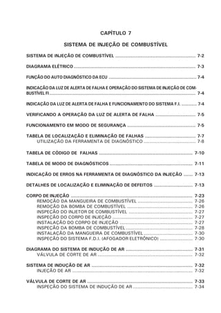 CAPÍTULO 7
SISTEMA DE INJEÇÃO DE COMBUSTÍVEL
SISTEMA DE INJEÇÃO DE COMBUSTÍVEL ...................................................... 7-2
DIAGRAMA ELÉTRICO .................................................................................. 7-3
FUNÇÃO DO AUTO DIAGNÓSTICO DA ECU ................................................................ 7-4
INDICAÇÃO DA LUZ DE ALERTA DE FALHA E OPERAÇÃO DO SISTEMA DE INJEÇÃO DE COM-
BUSTÍVEL FI............................................................................................................ 7-4
INDICAÇÃO DA LUZ DE ALERTA DE FALHA E FUNCIONAMENTO DO SISTEMA F.I. ........... 7-4
VERIFICANDO A OPERAÇÃO DA LUZ DE ALERTA DE FALHA ........................... 7-5
FUNCIONAMENTO EM MODO DE SEGURANÇA .............................................. 7-5
TABELA DE LOCALIZAÇÃO E ELIMINAÇÃO DE FALHAS .................................. 7-7
UTILIZAÇÃO DA FERRAMENTA DE DIAGNÓSTICO ................................... 7-8
TABELA DE CÓDIGO DE FALHAS ............................................................... 7-10
TABELA DE MODO DE DIAGNÓSTICOS ........................................................ 7-11
INDICAÇÃO DE ERROS NA FERRAMENTA DE DIAGNÓSTICO DA INJEÇÃO ...... 7-13
DETALHES DE LOCALIZAÇÃO E ELIMINAÇÃO DE DEFEITOS .......................... 7-13
CORPO DE INJEÇÃO .................................................................................. 7-23
REMOÇÃO DA MANGUEIRA DE COMBUSTÍVEL ..................................... 7-26
REMOÇÃO DA BOMBA DE COMBUSTÍVEL ............................................ 7-26
INSPEÇÃO DO INJETOR DE COMBUSTÍVEL ........................................... 7-27
INSPEÇÃO DO CORPO DE INJEÇÃO ...................................................... 7-27
INSTALAÇÃO DO CORPO DE INJEÇÃO ................................................. 7-27
INSPEÇÃO DA BOMBA DE COMBUSTÍVEL ............................................. 7-28
INSTALAÇÃO DA MANGUEIRA DE COMBUSTÍVEL ................................. 7-30
INSPEÇÃO DO SISTEMA F.D.I. (AFOGADOR ELETRÔNICO) ...................... 7-30
DIAGRAMA DO SISTEMA DE INDUÇÃO DE AR ............................................. 7-31
VÁLVULA DE CORTE DE AR ................................................................ 7-32
SISTEMA DE INDUÇÃO DE AR .................................................................... 7-32
INJEÇÃO DE AR ................................................................................. 7-32
VÁLVULA DE CORTE DE AR ....................................................................... 7-33
INSPEÇÃO DO SISTEMA DE INDUÇÃO DE AR ........................................ 7-34
 