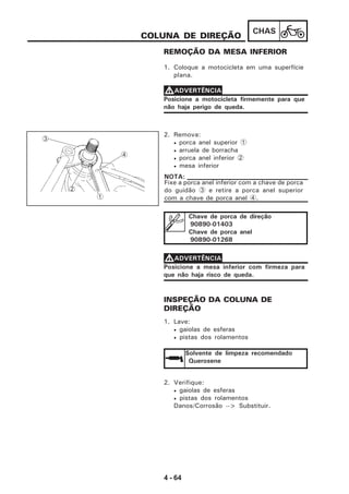 4 - 64
CHAS
COLUNA DE DIREÇÃO
REMOÇÃO DA MESA INFERIOR
2. Remova:
• porca anel superior 1
• arruela de borracha
• porca anel inferior 2
• mesa inferior
1. Coloque a motocicleta em uma superfície
plana.
Posicione a motocicleta firmemente para que
não haja perigo de queda.
VVVVVADVERTÊNCIA
Fixe a porca anel inferior com a chave de porca
do guidão 3 e retire a porca anel superior
com a chave de porca anel 4.
NOTA:
Chave de porca de direção
90890-01403
Chave de porca anel
90890-01268
Posicione a mesa inferior com firmeza para
que não haja risco de queda.
VVVVVADVERTÊNCIA
INSPEÇÃO DA COLUNA DE
DIREÇÃO
1. Lave:
• gaiolas de esferas
• pistas dos rolamentos
Solvente de limpeza recomendado
Querosene
2. Verifique:
• gaiolas de esferas
• pistas dos rolamentos
Danos/Corrosão --> Substituir.
4
1
2
3
 