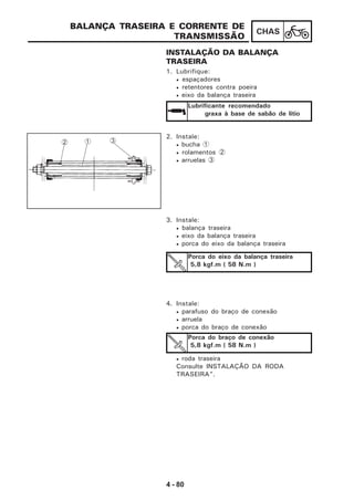4 - 80
CHAS
BALANÇA TRASEIRA E CORRENTE DE
TRANSMISSÃO
INSTALAÇÃO DA BALANÇA
TRASEIRA
1. Lubrifique:
• espaçadores
• retentores contra poeira
• eixo da balança traseira
Lubrificante recomendado
graxa à base de sabão de lítio
2. Instale:
• bucha 1
• rolamentos 2
• arruelas 3
3. Instale:
• balança traseira
• eixo da balança traseira
• porca do eixo da balança traseira
Porca do eixo da balança traseira
5,8 kgf.m ( 58 N.m )
4. Instale:
• parafuso do braço de conexão
• arruela
• porca do braço de conexão
• roda traseira
Consulte INSTALAÇÃO DA RODA
TRASEIRA”.
Porca do braço de conexão
5,8 kgf.m ( 58 N.m )
12 3
 