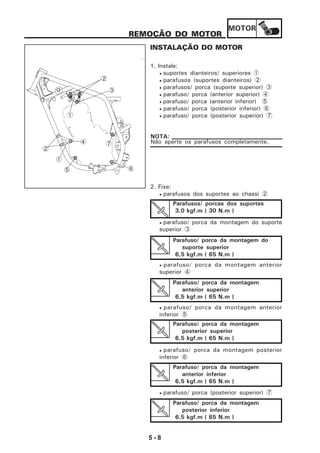 MOTOR
5 - 8
REMOÇÃO DO MOTOR
INSTALAÇÃO DO MOTOR
1. Instale:
• suportes dianteiros/ superiores 1
• parafusos (suportes dianteiros) 2
• parafusos/ porca (suporte superior) 3
• parafuso/ porca (anterior superior) 4
• parafuso/ porca (anterior inferior) 5
• parafuso/ porca (posterior inferior) 6
• parafuso/ porca (posterior superior) 7
Não aperte os parafusos completamente.
NOTA:
2. Fixe:
• parafusos dos suportes ao chassi 2
• parafuso/ porca da montagem do suporte
superior 3
• parafuso/ porca da montagem anterior
superior 4
• parafuso/ porca da montagem anterior
inferior 5
• parafuso/ porca da montagem posterior
inferior 6
• parafuso/ porca (posterior superior) 7
Parafuso/ porca da montagem
posterior superior
6,5 kgf.m ( 65 N.m )
Parafuso/ porca da montagem
anterior inferior
6,5 kgf.m ( 65 N.m )
Parafuso/ porca da montagem
posterior inferior
6,5 kgf.m ( 65 N.m )
Parafusos/ porcas dos suportes
3,0 kgf.m ( 30 N.m )
Parafuso/ porca da montagem do
suporte superior
6,5 kgf.m ( 65 N.m )
Parafuso/ porca da montagem
anterior superior
6,5 kgf.m ( 65 N.m )
5
1
2
4
6
7
1
2
3
 