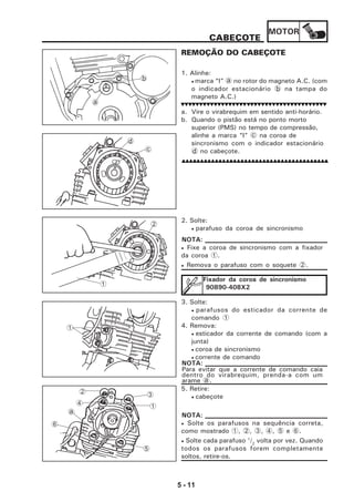 MOTOR
5 - 11
CABEÇOTE
REMOÇÃO DO CABEÇOTE
1. Alinhe:
• marca “I” a no rotor do magneto A.C. (com
o indicador estacionário b na tampa do
magneto A.C.)
a. Vire o virabrequim em sentido anti-horário.
b. Quando o pistão está no ponto morto
superior (PMS) no tempo de compressão,
alinhe a marca “I” c na coroa de
sincronismo com o indicador estacionário
d no cabeçote.
2. Solte:
• parafuso da coroa de sincronismo
• Fixe a coroa de sincronismo com a fixador
da coroa 1.
• Remova o parafuso com o soquete 2.
NOTA:
Fixador da coroa de sincronismo
90890-408X2
3. Solte:
• parafusos do esticador da corrente de
comando 1
4. Remova:
• esticador da corrente de comando (com a
junta)
• coroa de sincronismo
• corrente de comando
5. Retire:
• cabeçote
• Solte os parafusos na sequência correta,
como mostrado 1, 2, 3, 4, 5 e 6.
• Solte cada parafuso 1
/2
volta por vez. Quando
todos os parafusos forem completamente
soltos, retire-os.
NOTA:
1
5
1
32
4
a
6
Para evitar que a corrente de comando caia
dentro do virabrequim, prenda-a com um
arame a.
NOTA:
d
c
b
a
1
2
 