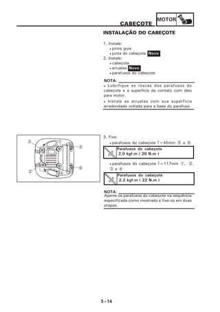 MOTOR
5 - 14
CABEÇOTE
INSTALAÇÃO DO CABEÇOTE
1. Instale:
• pinos guia
• junta do cabeçote
2. Instale:
• cabeçote
• arruelas
• parafusos do cabeçote
Novo
Novo
• Lubrifique as roscas dos parafusos do
cabeçote e a superfície de contato com óleo
para motor.
• Instale as arruelas com sua superfície
arredondada voltada para a base do parafuso.
NOTA:
3. Fixe:
• parafusos do cabeçote R=45mm 5 e 6
• parafusos do cabeçote R=117mm 1, 2,
3 e 4
Parafusos do cabeçote
2,0 kgf.m ( 20 N.m )
Parafusos do cabeçote
2,2 kgf.m ( 22 N.m )
Aperte os parafusos do cabeçote na sequência
especificada como mostrado e fixe-os em duas
etapas.
NOTA:
5
6
1
4
3
2
 