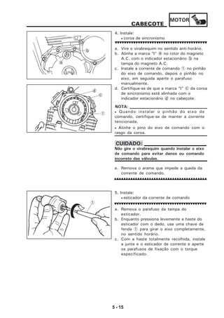 MOTOR
5 - 15
CABEÇOTE
4. Instale:
• coroa de sincronismo
a. Vire o virabrequim no sentido anti-horário.
b. Alinhe a marca “I” a no rotor do magneto
A.C. com o indicador estacionário b na
tampa do magneto A.C.
c. Instale a corrente de comando 1 no pinhão
do eixo de comando, depois o pinhão no
eixo, em seguida aperte o parafuso
manualmente.
d. Certifique-se de que a marca “I” c da coroa
de sincronismo está alinhada com o
indicador estacionário d no cabeçote.
e. Remova o arame que impede a queda da
corrente de comando.
• Quando instalar o pinhão do eixo de
comando, certifique-se de manter a corrente
tencionada.
• Alinhe o pino do eixo de comando com o
rasgo da coroa.
NOTA:
Não gire o virabrequim quando instalar o eixo
de comando para evitar danos ou comando
incorreto das válvulas.
CUIDADO:
5. Instale:
• esticador da corrente de comando
a. Remova o parafuso da tampa do
esticador.
b. Enquanto pressiona levemente a haste do
esticador com o dedo, use uma chave de
fenda 1 para girar o eixo completamente,
no sentido horário.
c. Com a haste totalmente recolhida, instale
a junta e o esticador de corrente e aperte
os parafusos de fixação com o torque
especificado.
1
1
a
b
c
d
 