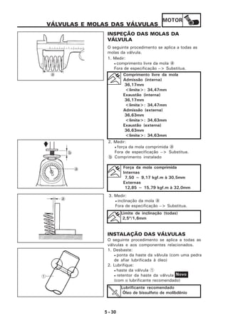 MOTOR
5 - 30
VÁLVULAS E MOLAS DAS VÁLVULAS
INSPEÇÃO DAS MOLAS DA
VÁLVULA
O seguinte procedimento se aplica a todas as
molas da válvula.
1. Medir:
• comprimento livre da mola a
Fora de especificação --> Substitua.
2. Medir:
• força da mola comprimida a
Fora de especificação --> Substitua.
b Comprimento instalado
3. Medir:
• inclinação da mola a
Fora de especificação --> Substitua.
Limite de inclinação (todas)
2,5º/1,6mm
INSTALAÇÃO DAS VÁLVULAS
O seguinte procedimento se aplica a todas as
válvulas e aos componentes relacionados.
1. Desbaste:
• ponta da haste da válvula (com uma pedra
de afiar lubrificada à óleo)
2. Lubrifique:
• haste da válvula 1
• retentor da haste da válvula
(com o lubrificante recomendado)
Novo
Lubrificante recomendado
Óleo de bissulfeto de molibdênio
a Comprimento livre da mola
Admissão (interna)
36,17mm
<limite>: 34,47mm
Exaustão (interna)
36,17mm
<limite>: 34,47mm
Admissão (externa)
36,63mm
<limite>: 34,63mm
Exaustão (externa)
36,63mm
<limite>: 34,63mm
a
b
Força da mola comprimida
Internas
7,50 ~ 9,17 kgf.m à 30,5mm
Externas
12,85 ~ 15,79 kgf.m à 32,0mm
a
1
 