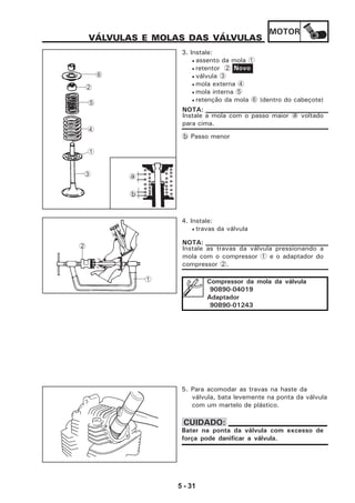 MOTOR
5 - 31
VÁLVULAS E MOLAS DAS VÁLVULAS
3. Instale:
• assento da mola 1
• retentor 2
• válvula 3
• mola externa 4
• mola interna 5
• retenção da mola 6 (dentro do cabeçote)
Novo
Instale a mola com o passo maior a voltado
para cima.
NOTA:
b Passo menor
4. Instale:
• travas da válvula
Instale as travas da válvula pressionando a
mola com o compressor 1 e o adaptador do
compressor 2.
NOTA:
Compressor da mola da válvula
90890-04019
Adaptador
90890-01243
5. Para acomodar as travas na haste da
válvula, bata levemente na ponta da válvula
com um martelo de plástico.
Bater na ponta da válvula com excesso de
força pode danificar a válvula.
CUIDADO:
6
2
5
4
1
3 a
b
1
2
 